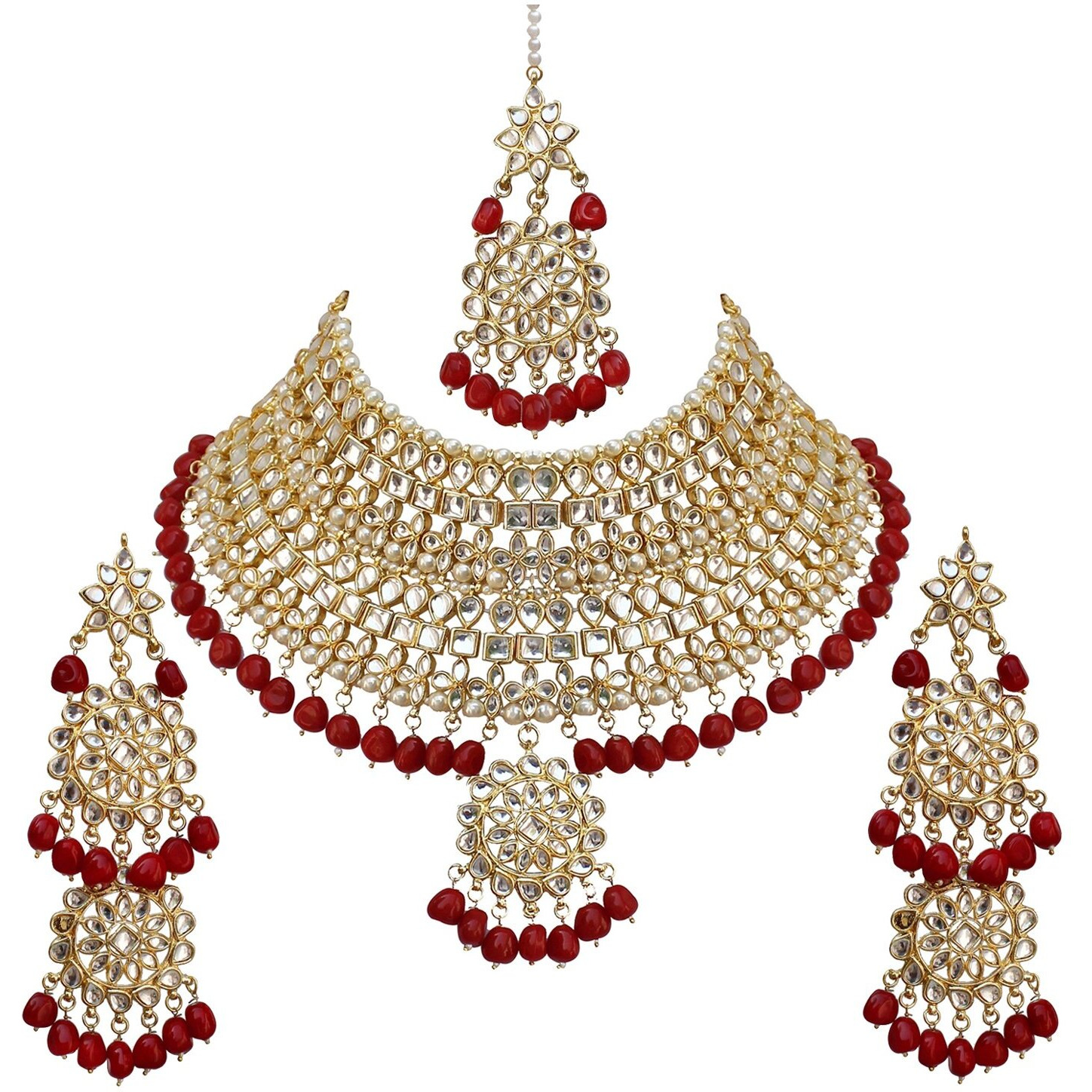 Lucky Jewellery Designer Gold Plating Maroon Color Pearl with Kundan Choker Bridal Dulhan Necklace Set For Girls & Women (4200-QSK-580-M)