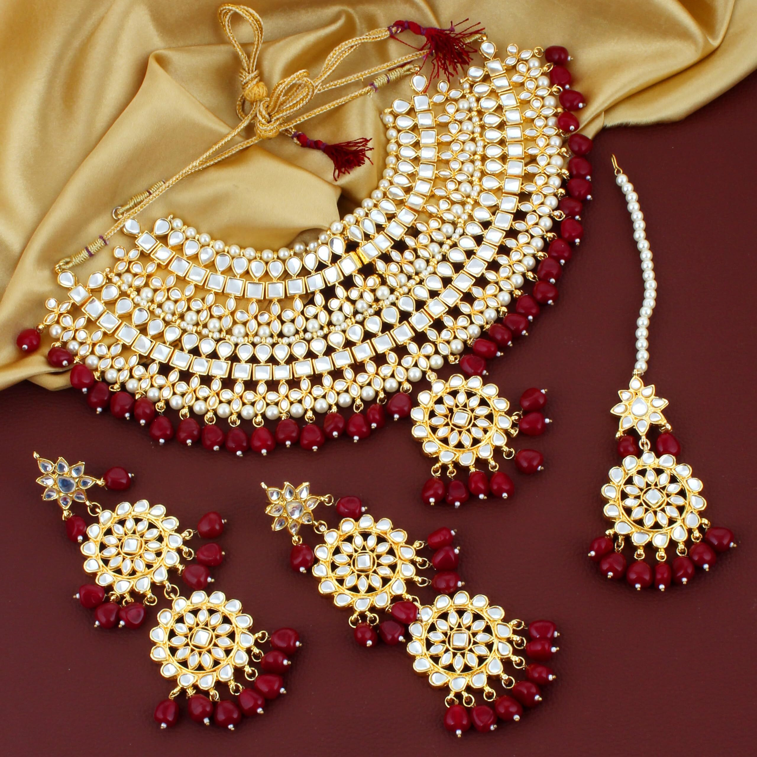 Lucky Jewellery Designer Gold Plating Maroon Color Pearl with Kundan Choker Bridal Dulhan Necklace Set For Girls & Women (4200-QSK-580-M)