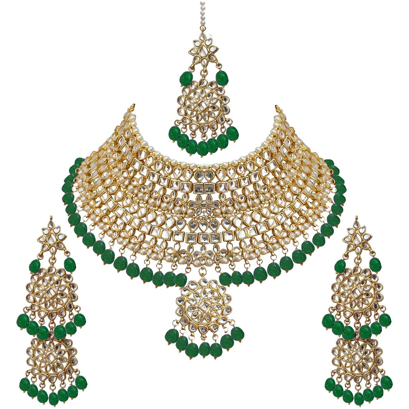 Lucky Jewellery Designer Gold Plating Green Color Pearl with Kundan Choker Bridal Dulhan Necklace Set For Girls & Women (4200-QSK-580-G)