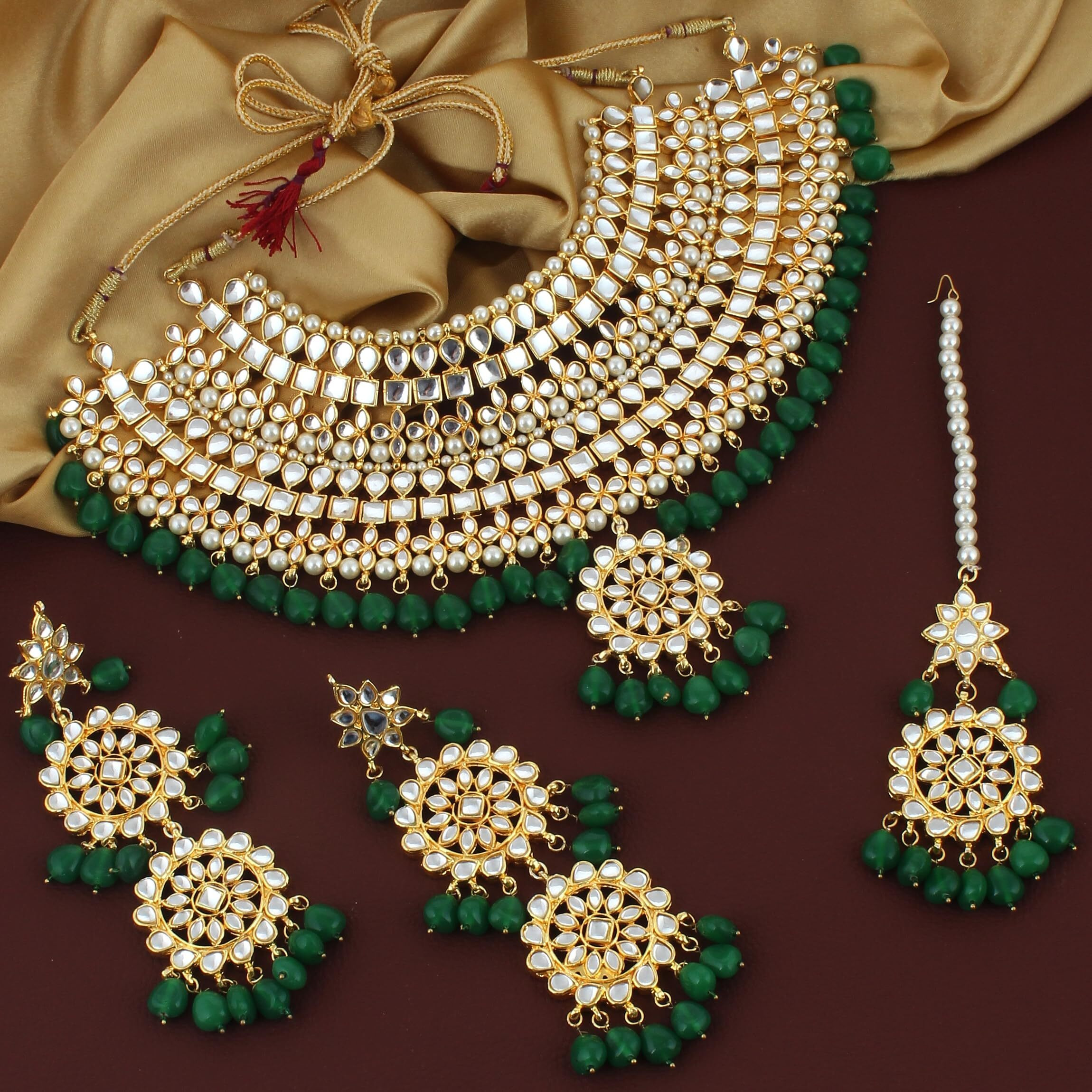 Lucky Jewellery Designer Gold Plating Green Color Pearl with Kundan Choker Bridal Dulhan Necklace Set For Girls & Women (4200-QSK-580-G)