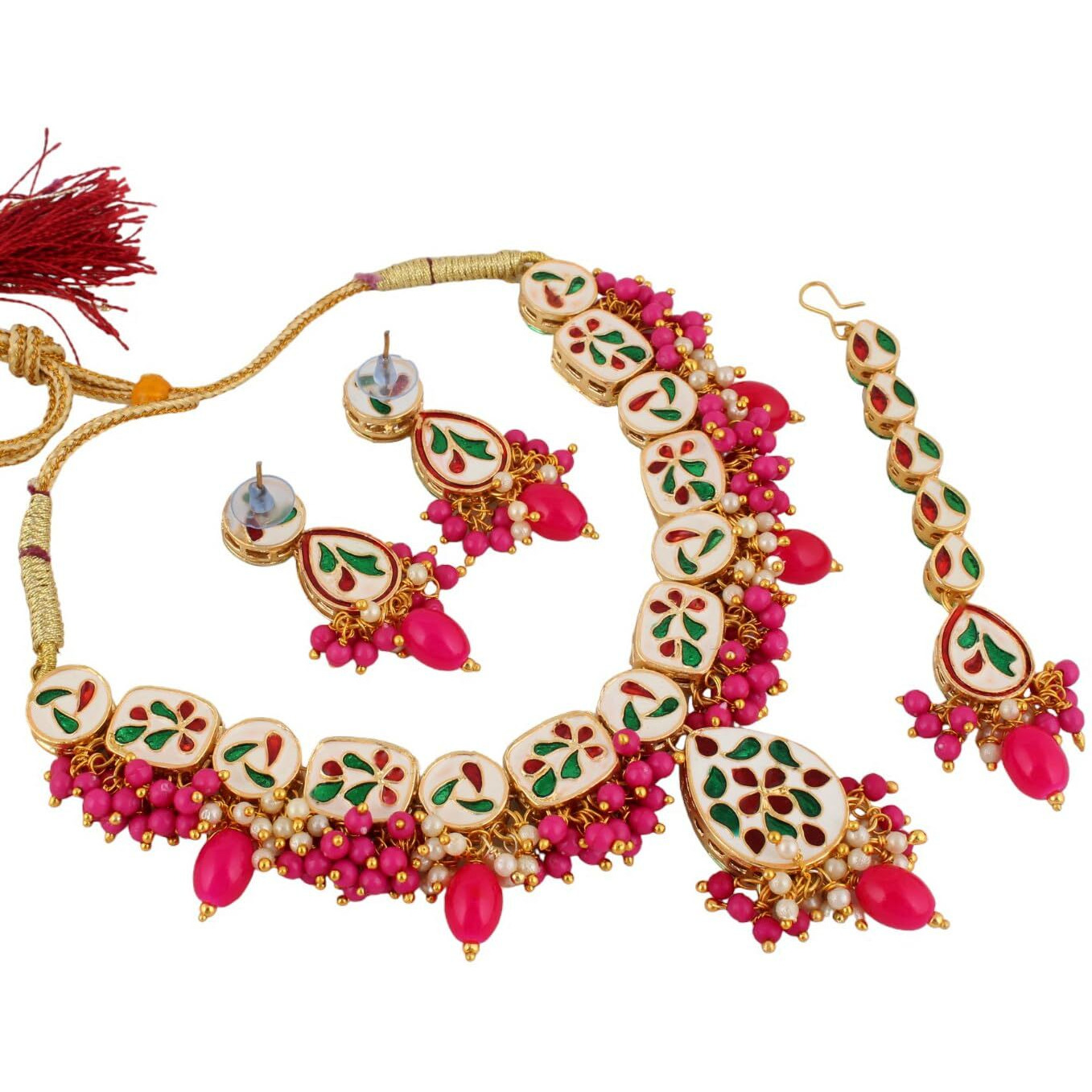 Lucky Jewellery Meenakari 18k Gold Plated Magenta Color Tika Earring Combo Uncut Big Faux Kundan Necklace set (911-J5SK-1817-R)