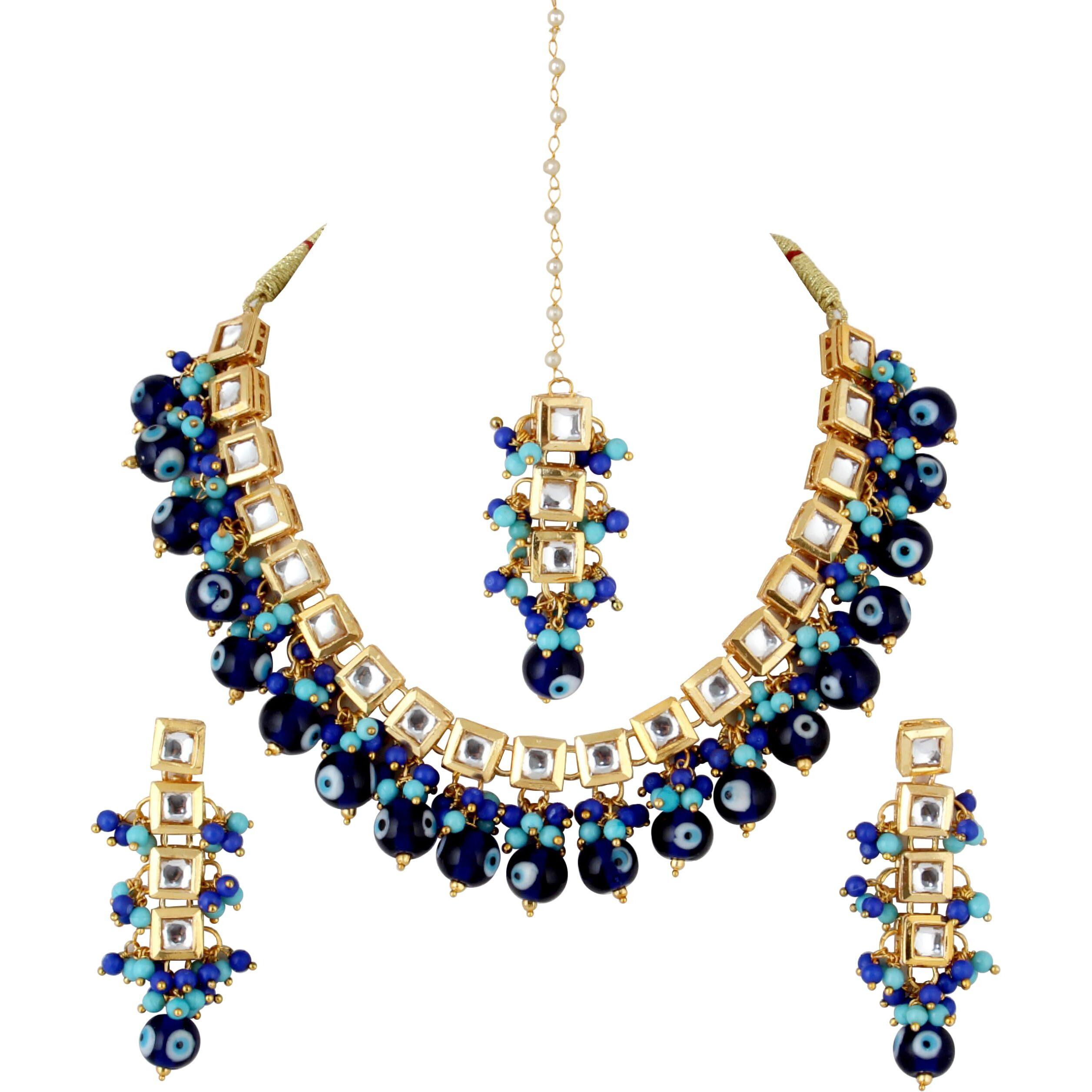 Lucky Jewellery Back Meenakari 18k Gold Plated Blue Color Tika Earring Combo Uncut Big Faux Kundan Choker Necklace set (990-J5SK-1664-EE)