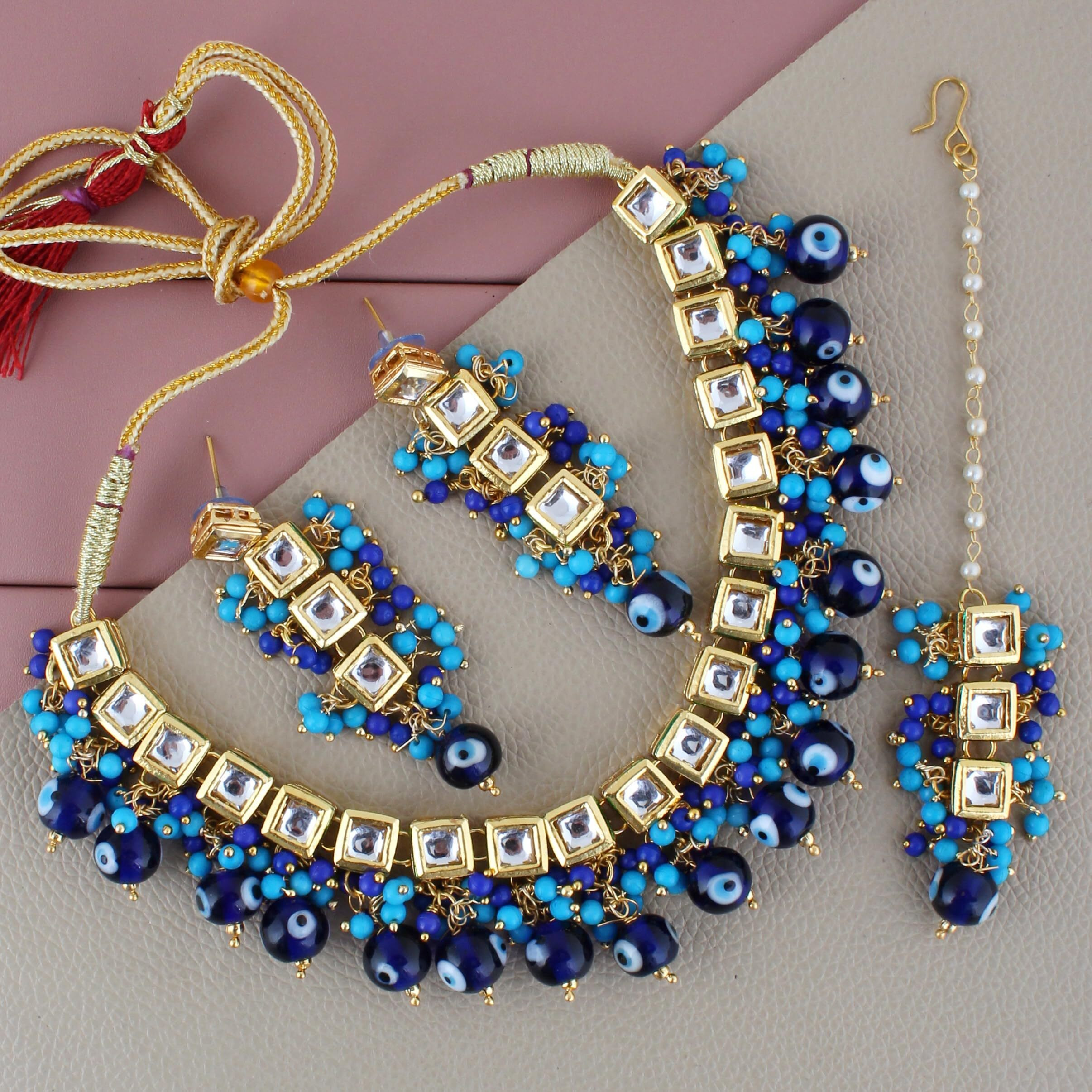 Lucky Jewellery Back Meenakari 18k Gold Plated Blue Color Tika Earring Combo Uncut Big Faux Kundan Choker Necklace set (990-J5SK-1664-EE)