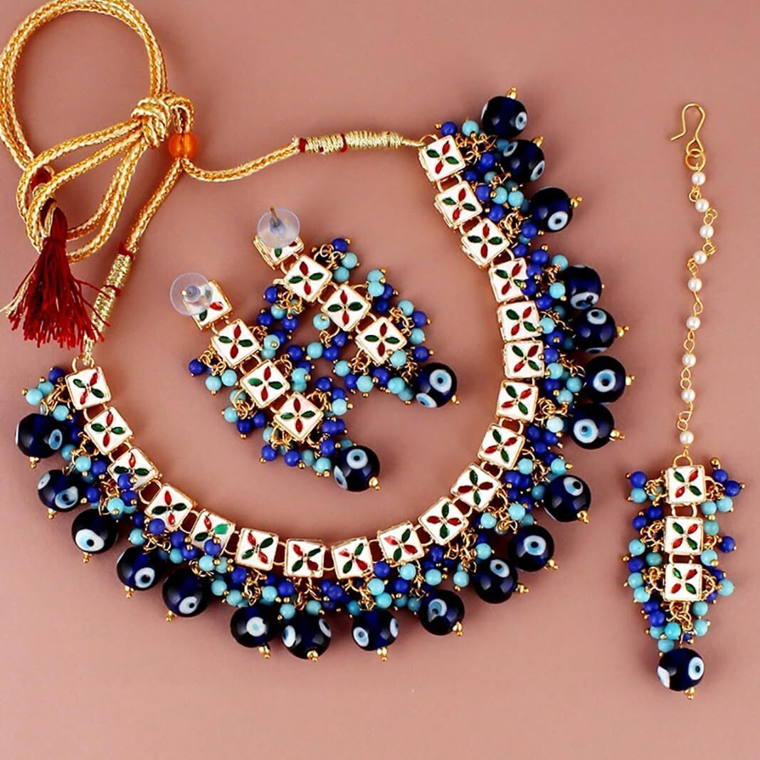 Lucky Jewellery Back Meenakari 18k Gold Plated Blue Color Tika Earring Combo Uncut Big Faux Kundan Choker Necklace set (990-J5SK-1664-EE)