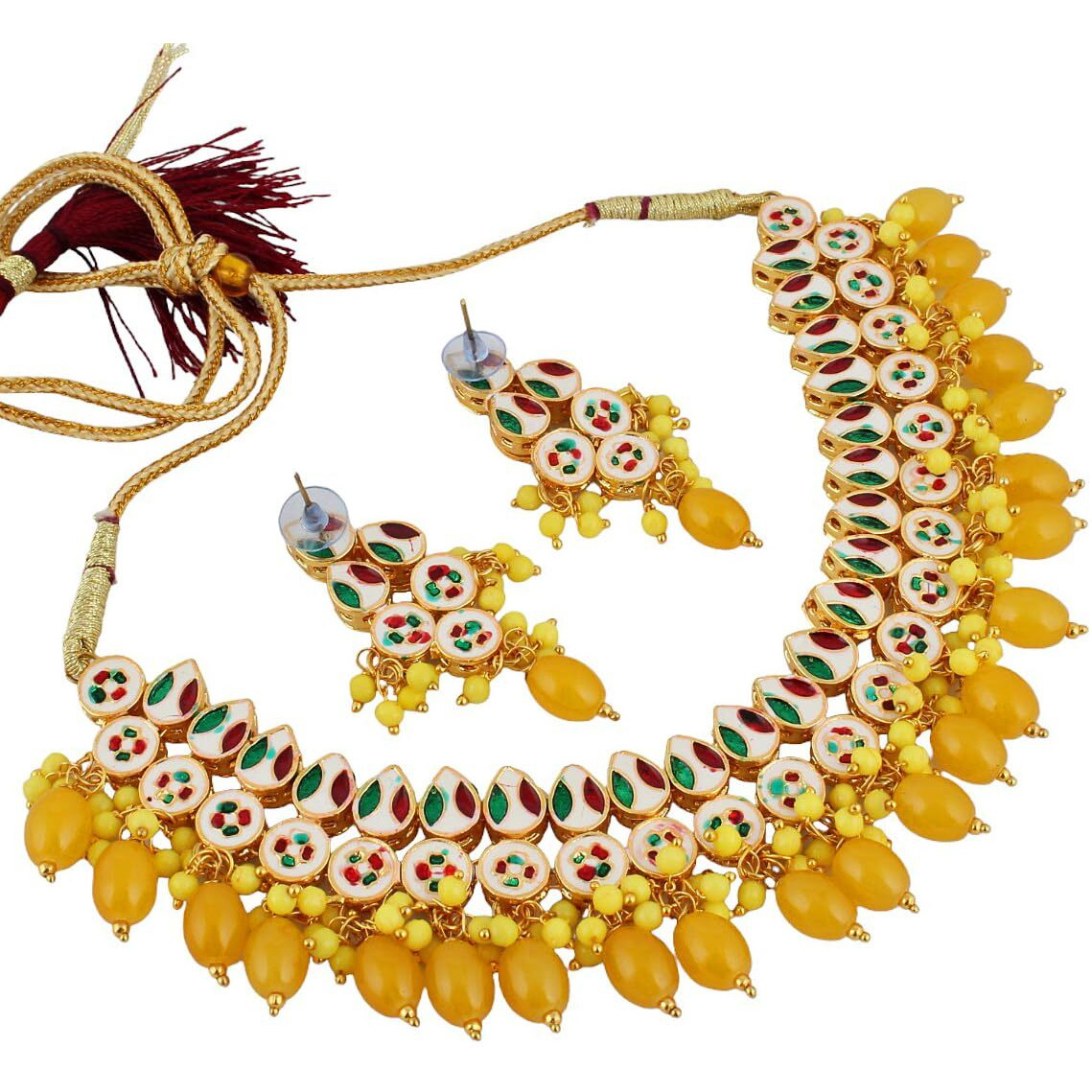 Lucky Jewellery Back Meenakari 18k Gold Plated Yellow Color Earring Combo Uncut Big Faux Kundan Choker Necklace set (974-J5SK-1782-Y)