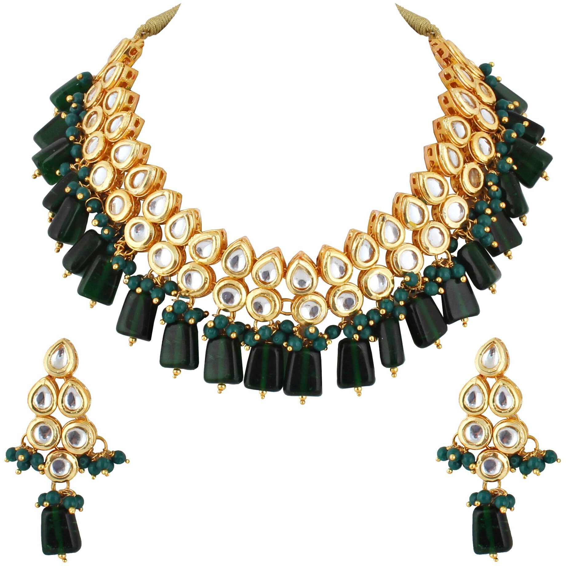 Lucky Jewellery Back Meenakari 18k Gold Plated Green Color Earring Combo Uncut Big Faux Kundan Choker Necklace set (974-J5SK-1782-G)