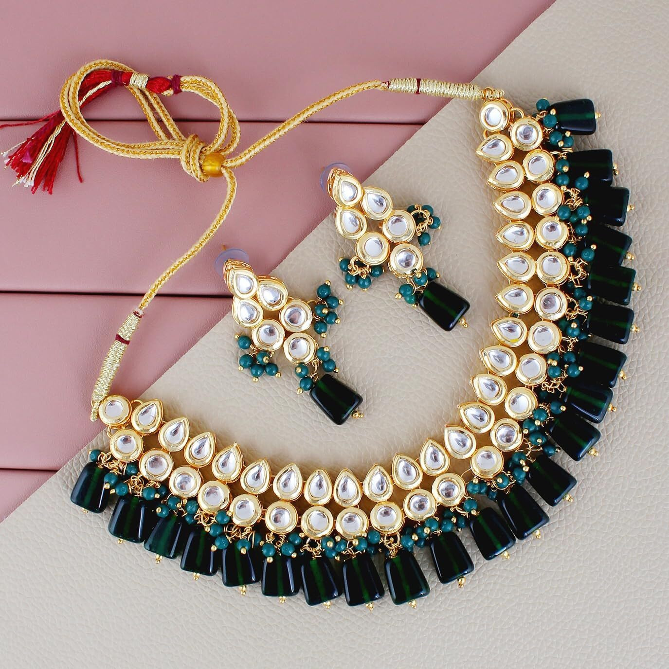 Lucky Jewellery Back Meenakari 18k Gold Plated Green Color Earring Combo Uncut Big Faux Kundan Choker Necklace set (974-J5SK-1782-G)
