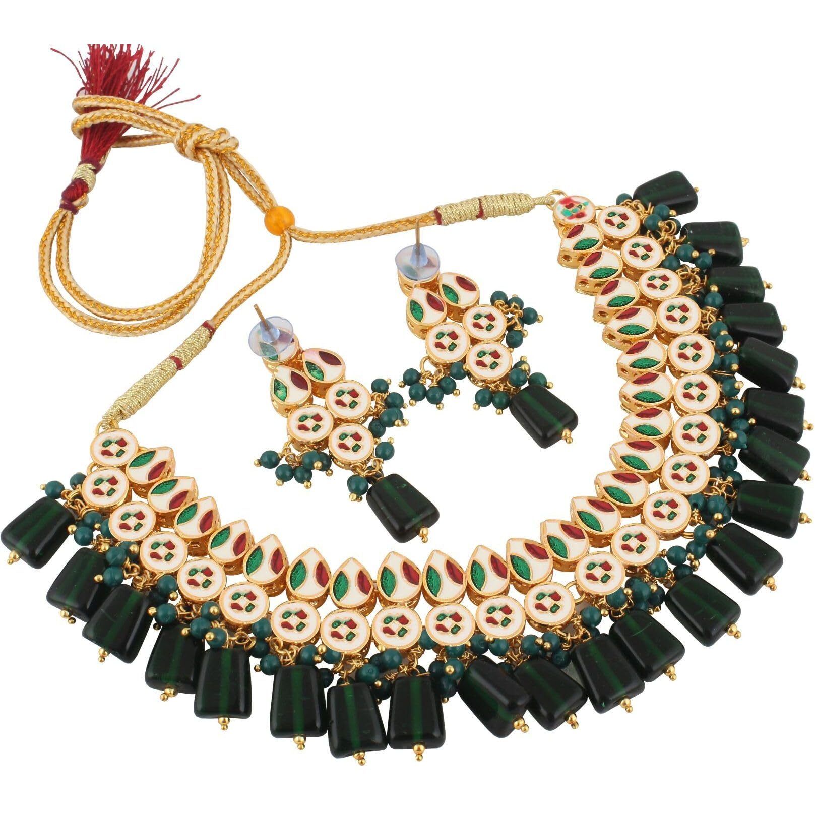 Lucky Jewellery Back Meenakari 18k Gold Plated Green Color Earring Combo Uncut Big Faux Kundan Choker Necklace set (974-J5SK-1782-G)