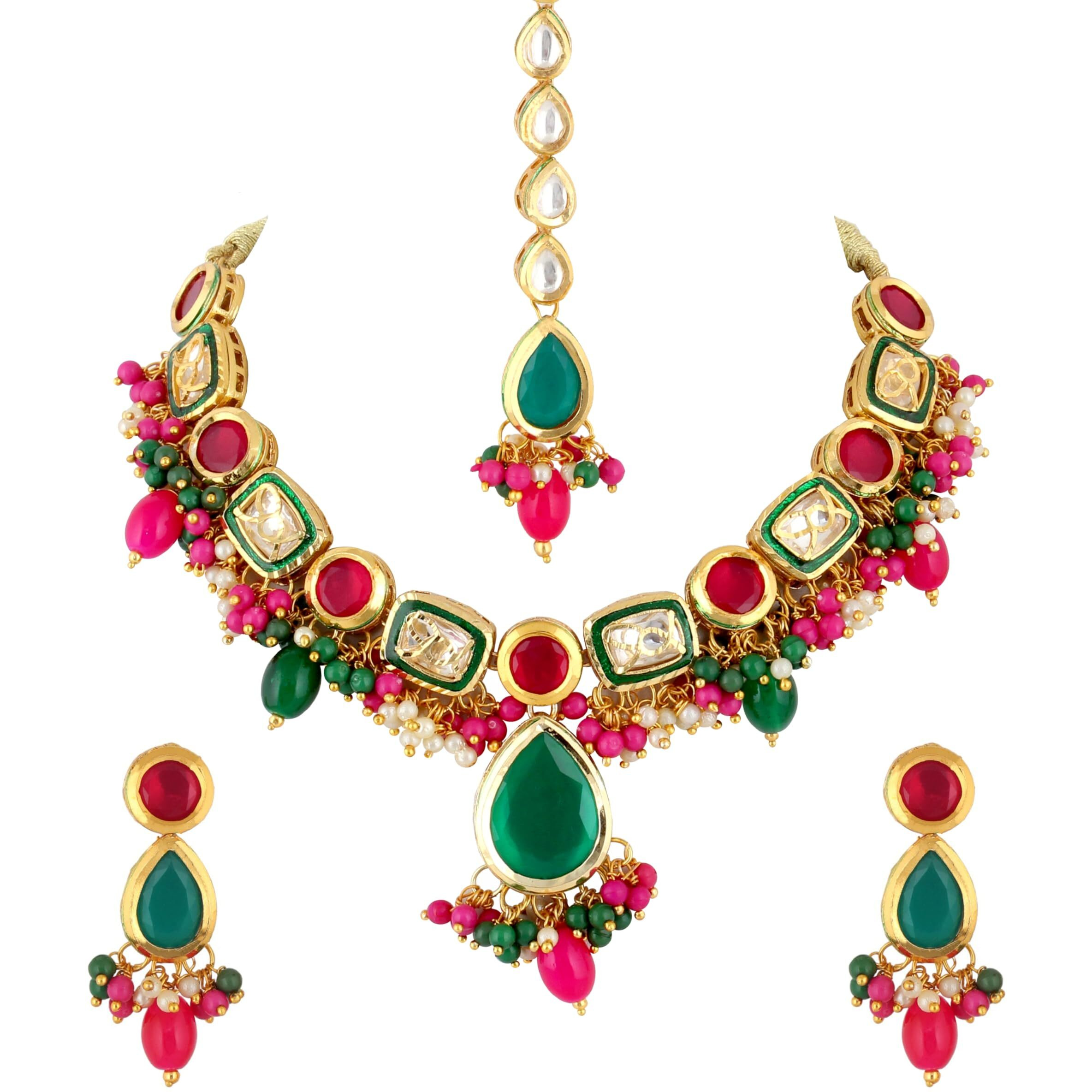 Lucky Jewellery Meenakari 18k Gold Plated Multi Color Tika Earring Combo Uncut Big Faux Kundan Choker Necklace set (911-J5SK-1817-RG)