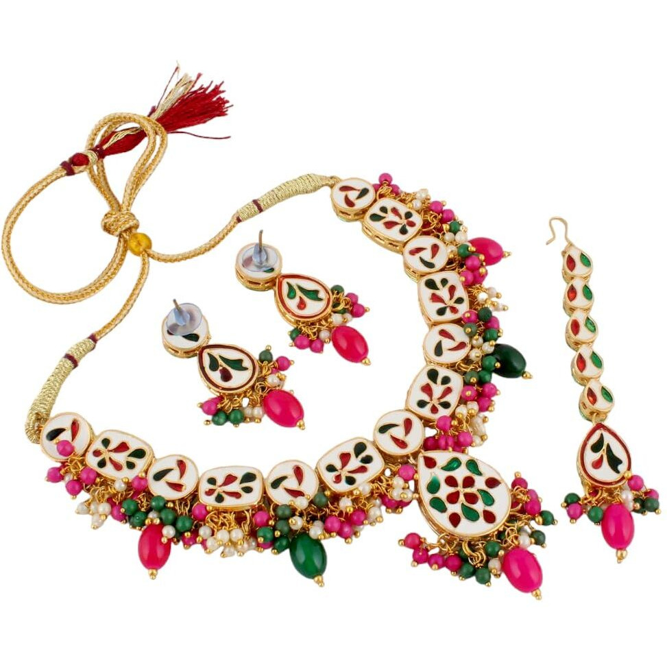 Lucky Jewellery Meenakari 18k Gold Plated Multi Color Tika Earring Combo Uncut Big Faux Kundan Choker Necklace set (911-J5SK-1817-RG)