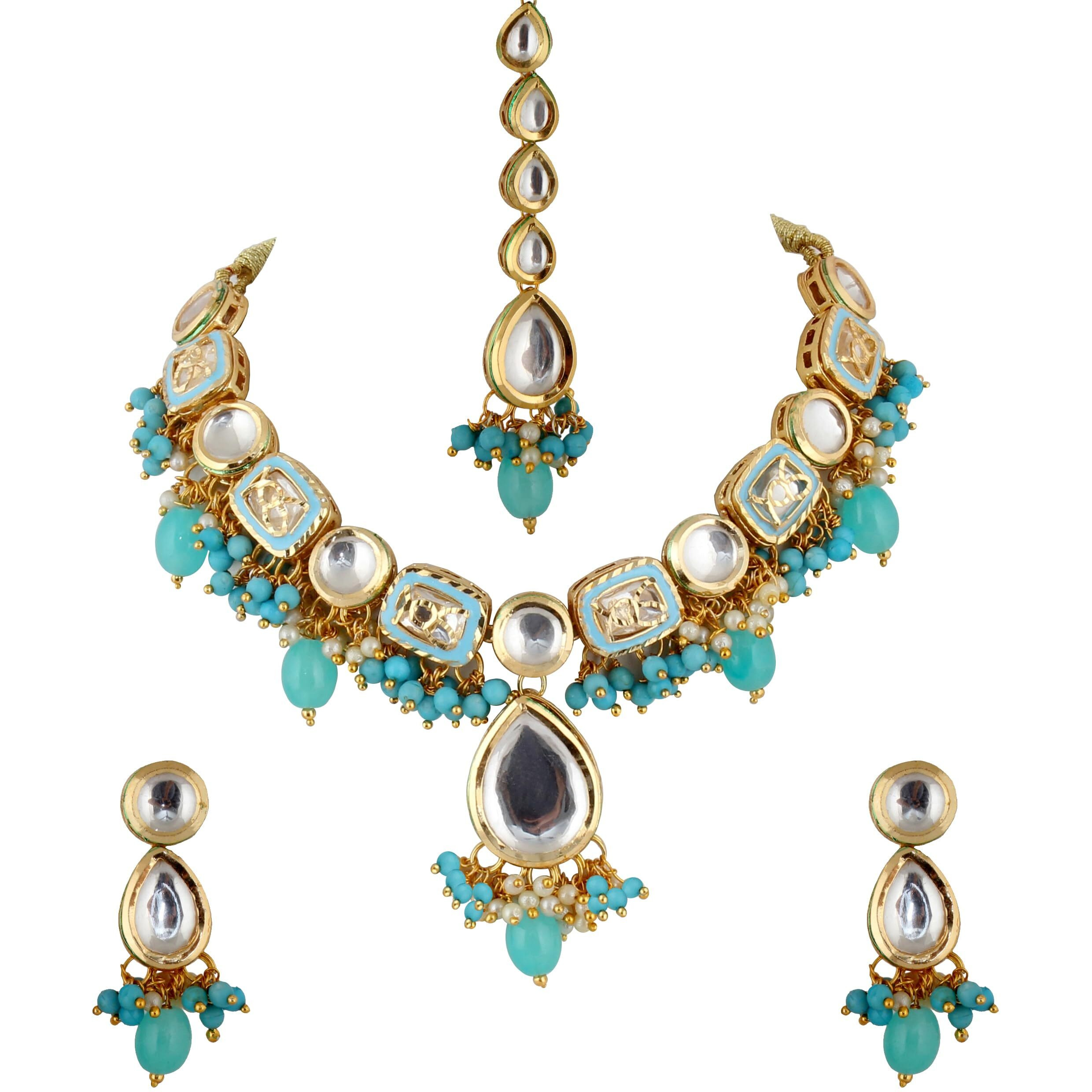 Lucky Jewellery Meenakari 18k Gold Plated Firozi Color Tika Earring Combo Uncut Big Faux Kundan Choker Necklace set (911-J5SK-1817-F)
