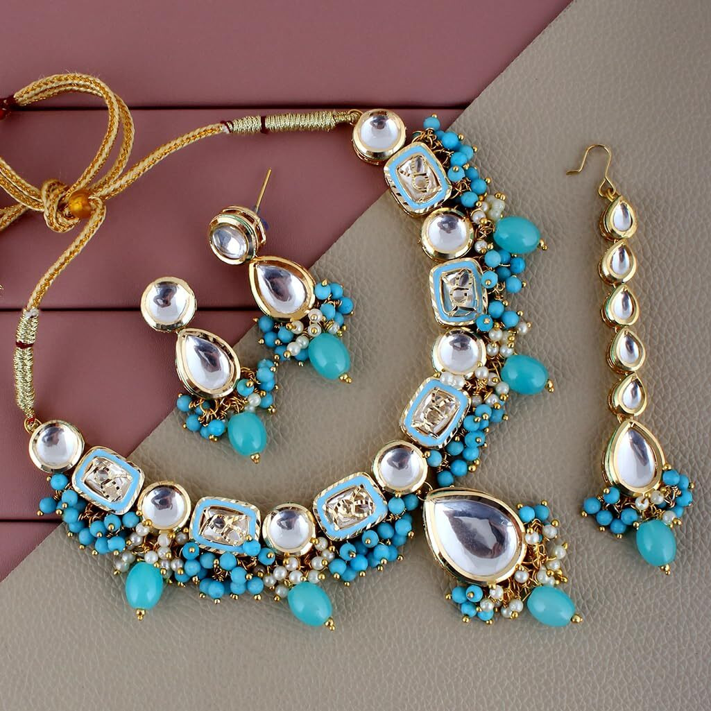 Lucky Jewellery Meenakari 18k Gold Plated Firozi Color Tika Earring Combo Uncut Big Faux Kundan Choker Necklace set (911-J5SK-1817-F)