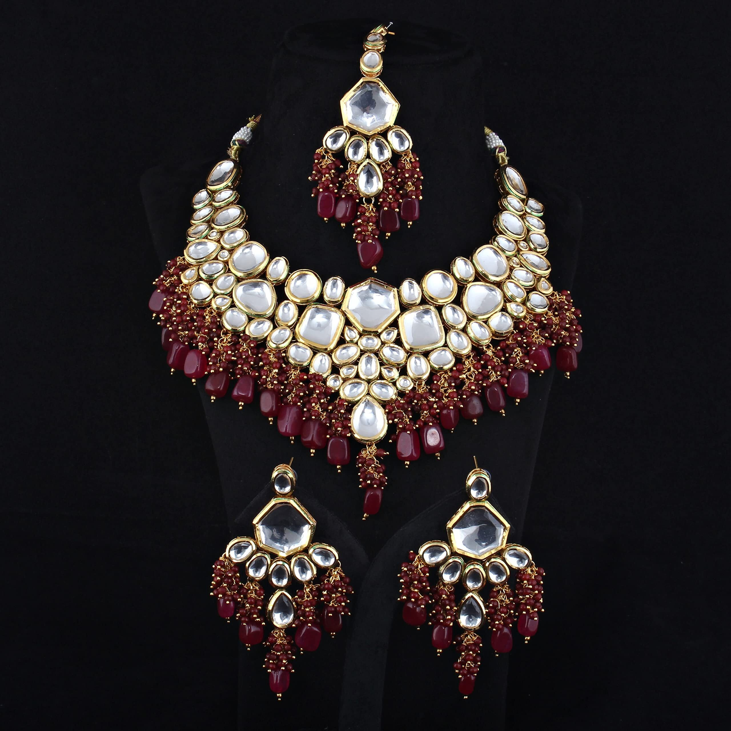 Lucky Jewellery 18K Gold Plated Maroon Color Kundan Uncut Dibbi Kundan with Monalisa Drop Bridal Set for Girls & Women (5910-M4SK-1574-M)
