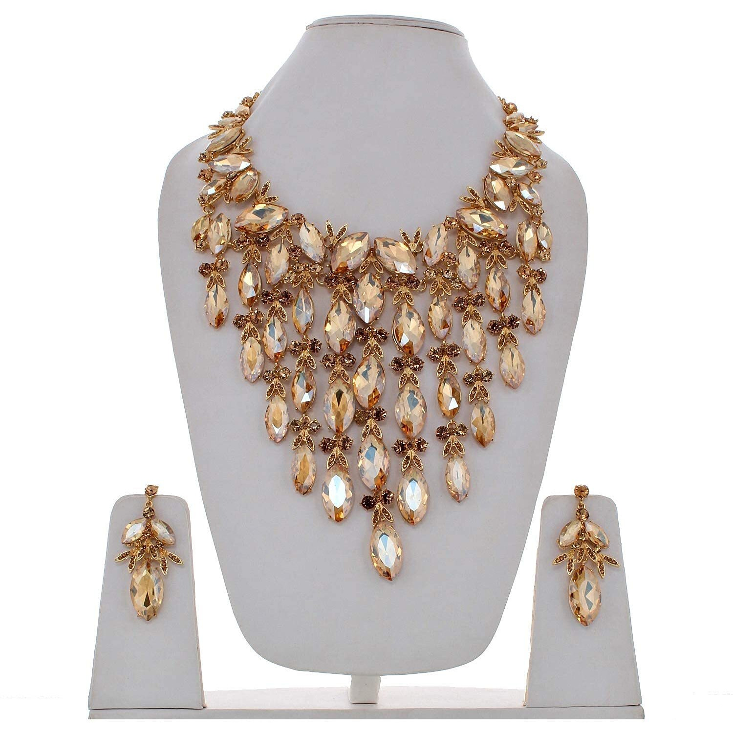 Lucky Jewellery Designer LCT Color Stone Rhine Stone Gold Plated Long Necklace Set with Earring for Girls & Women