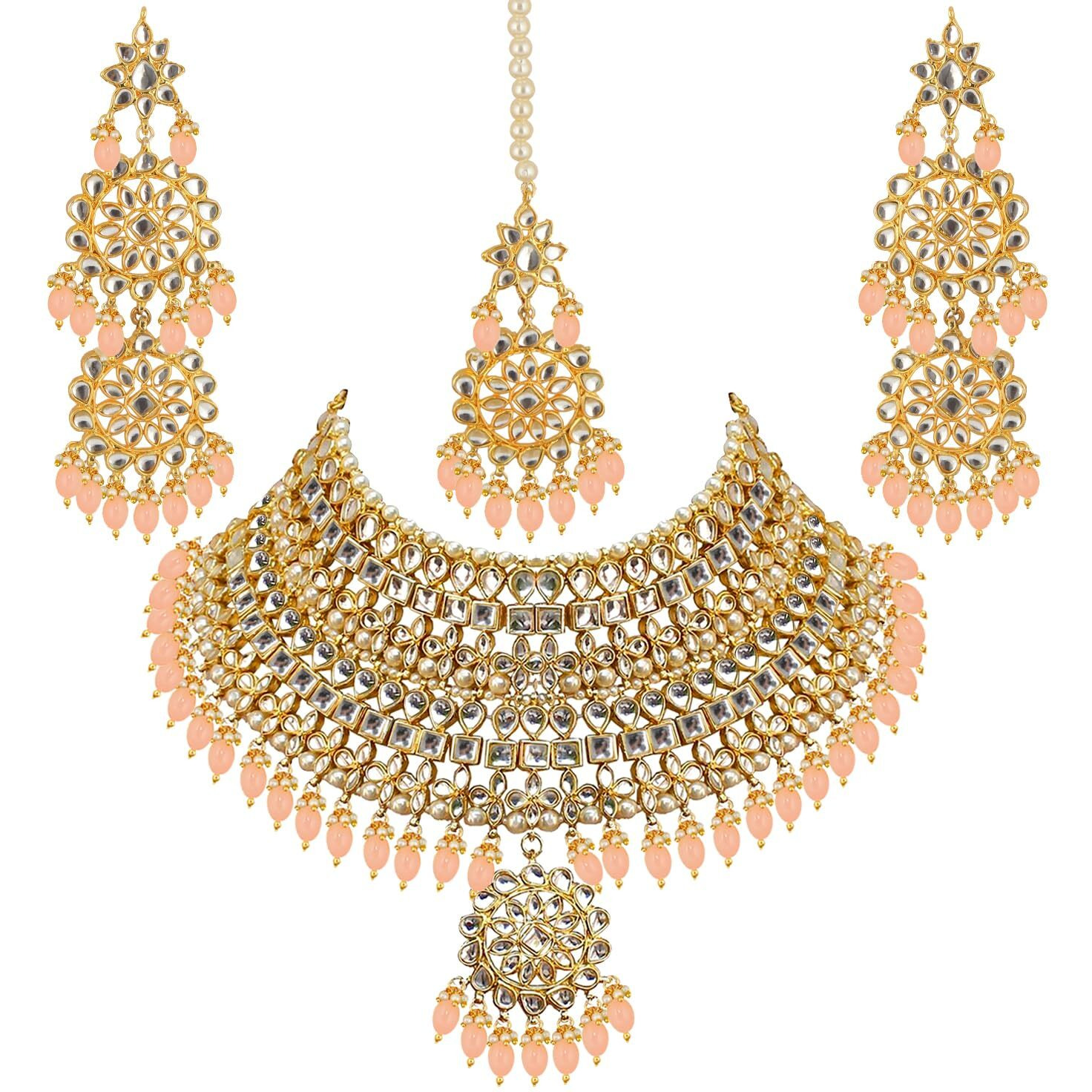 Lucky Jewellery Designer Gold Plating Light Peach Color Pearl with Kundan Choker Bridal Dulhan Necklace Set For Girls & Women (4200-QSK-580-LPH)