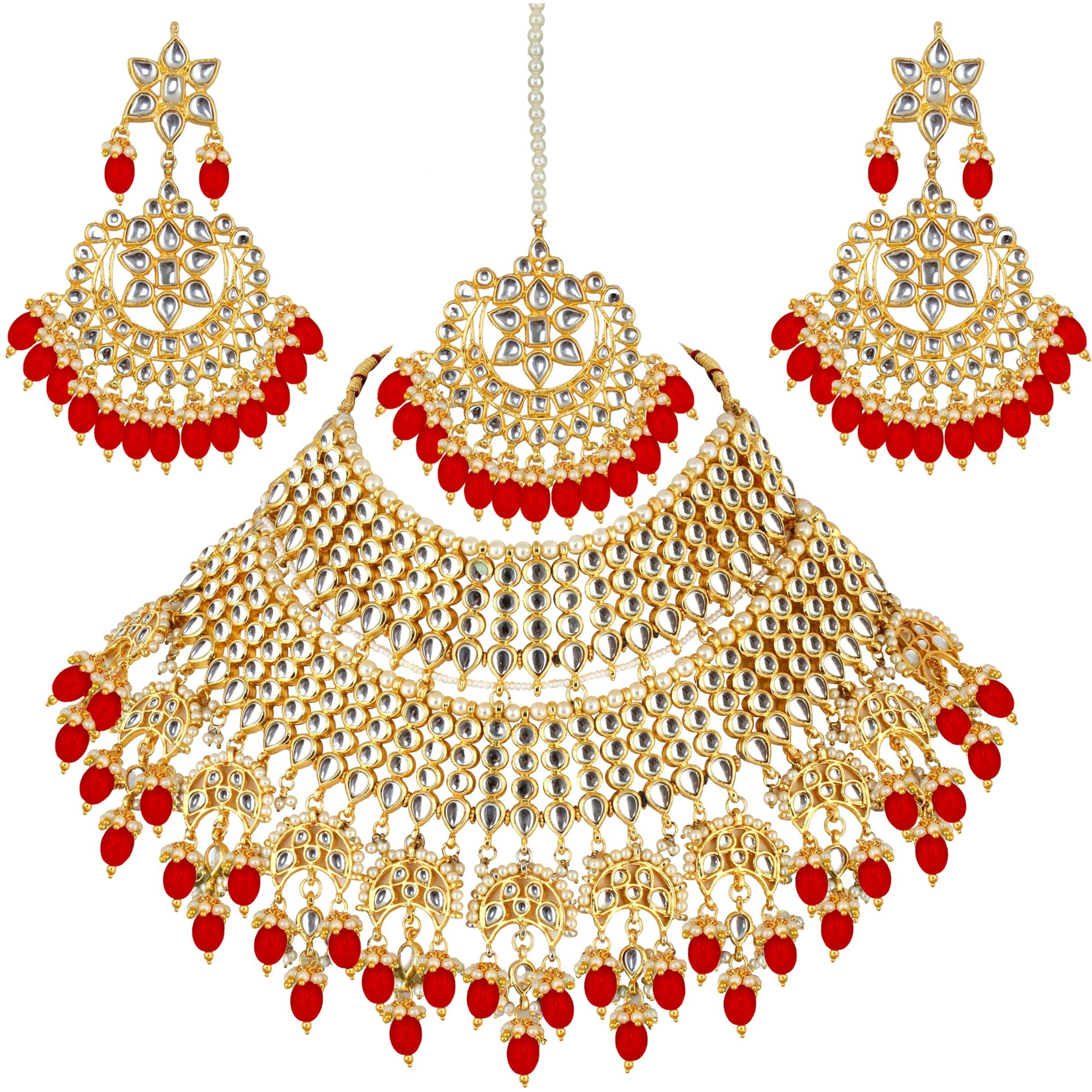 Lucky Jewellery Designer Gold Plating Red Color Pearl with Kundan Choker Bridal Necklace Set For Girls & Women (4200-QSK-564-RED)