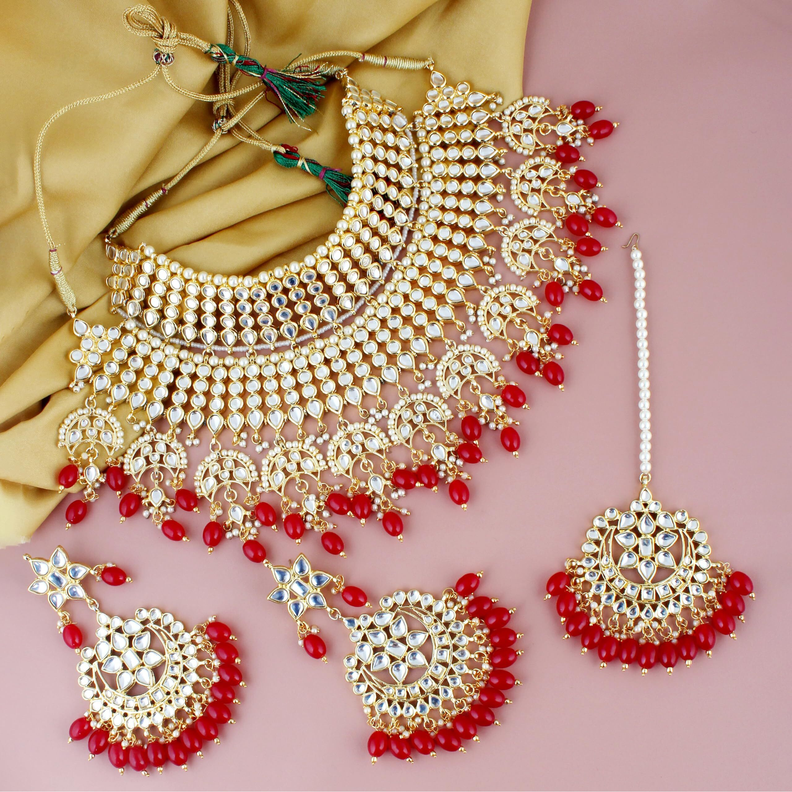 Lucky Jewellery Designer Gold Plating Red Color Pearl with Kundan Choker Bridal Necklace Set For Girls & Women (4200-QSK-564-RED)