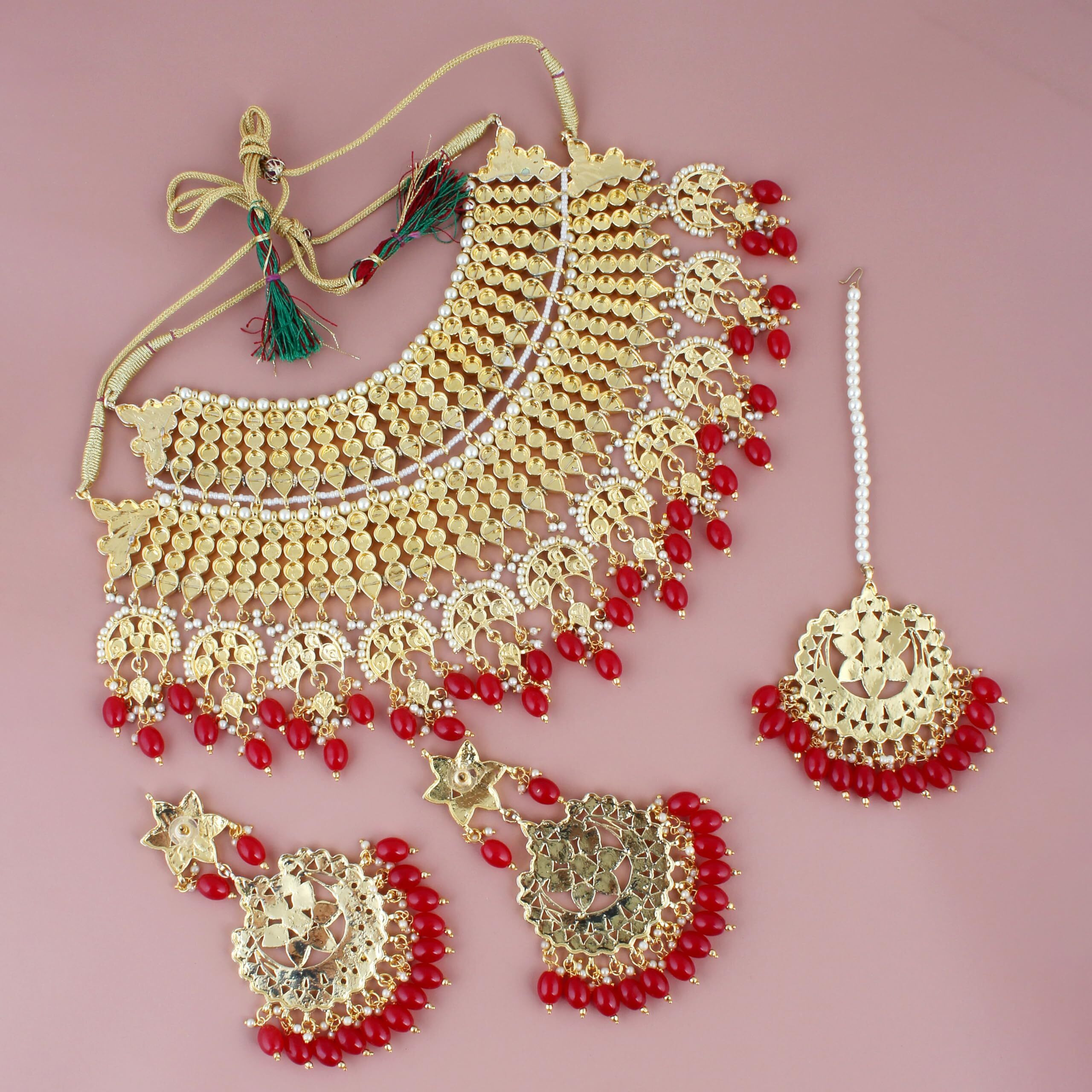Lucky Jewellery Designer Gold Plating Red Color Pearl with Kundan Choker Bridal Necklace Set For Girls & Women (4200-QSK-564-RED)