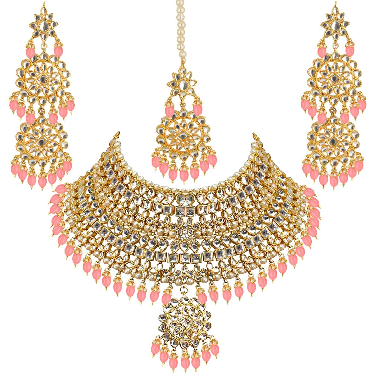 Lucky Jewellery Designer Gold Plating Peach Color Pearl with Kundan Choker Bridal Dulhan Necklace Set For Girls & Women (4200-QSK-580-PH)