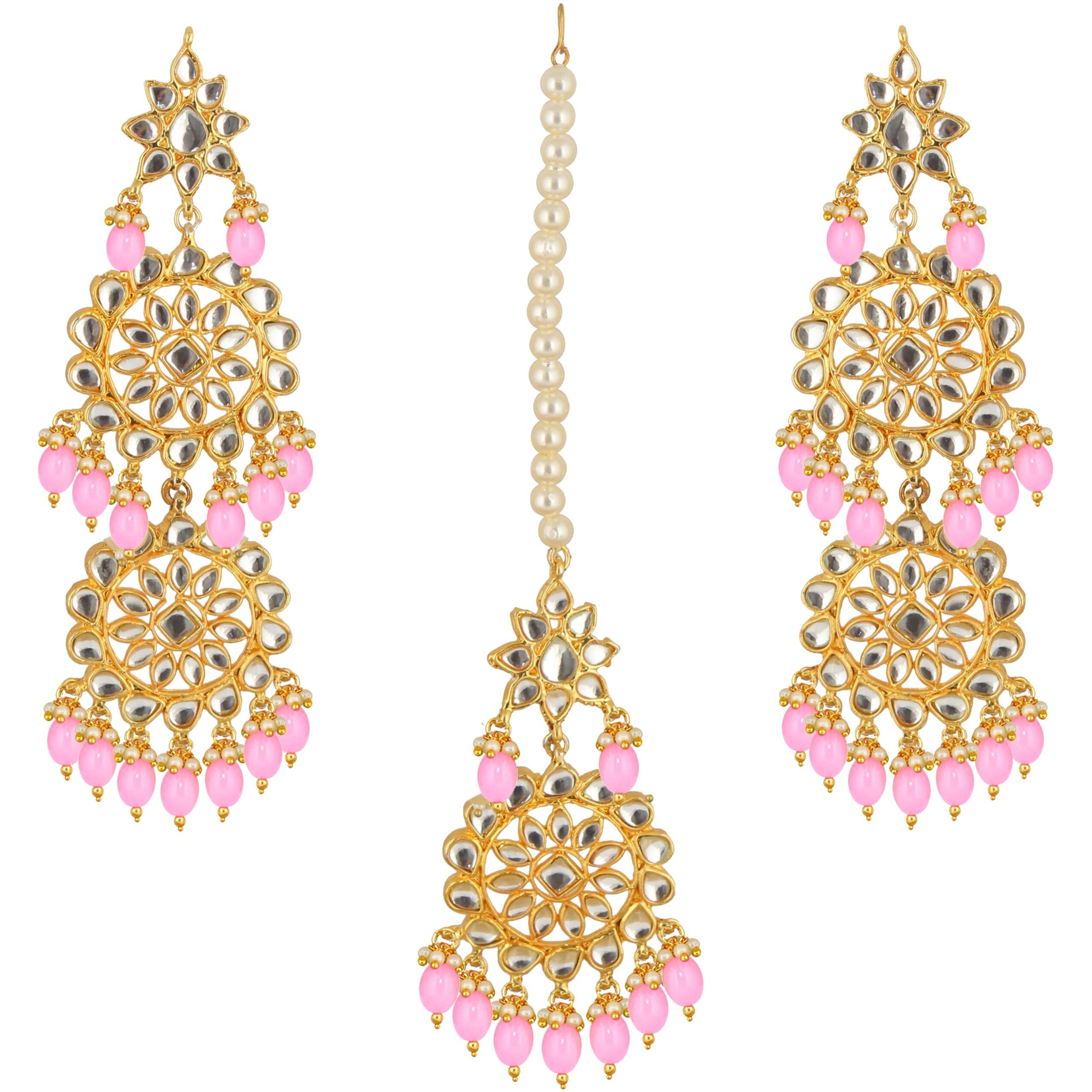 Lucky Jewellery Designer Gold Plating Pink Color Pearl with Kundan Choker Bridal Dulhan Necklace Set For Girls & Women (4200-QSK-580-PK)
