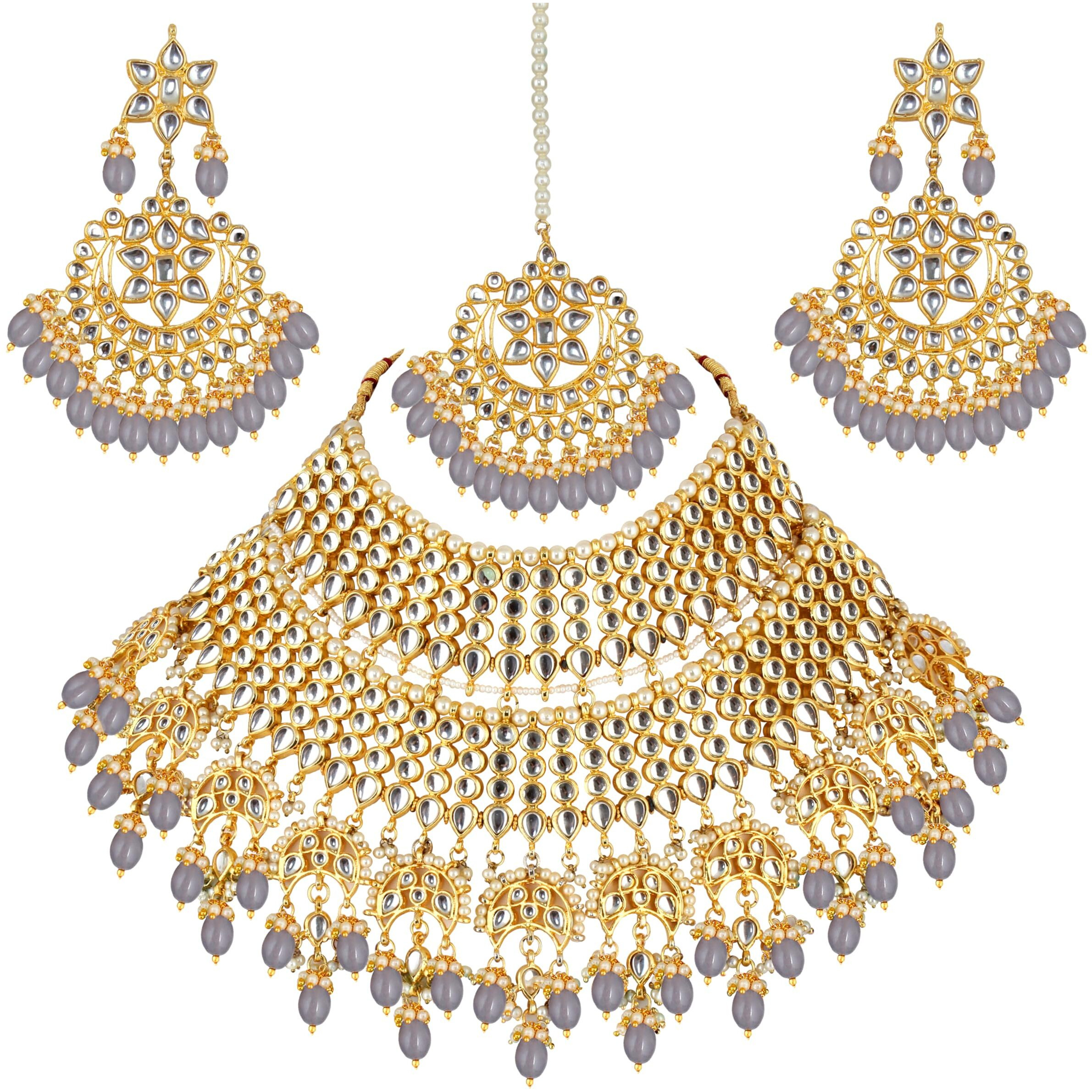 Lucky Jewellery Designer Gold Plating Grey Color Pearl with Kundan Choker Bridal Necklace Set For Girls & Women (4200-QSK-564-GR)