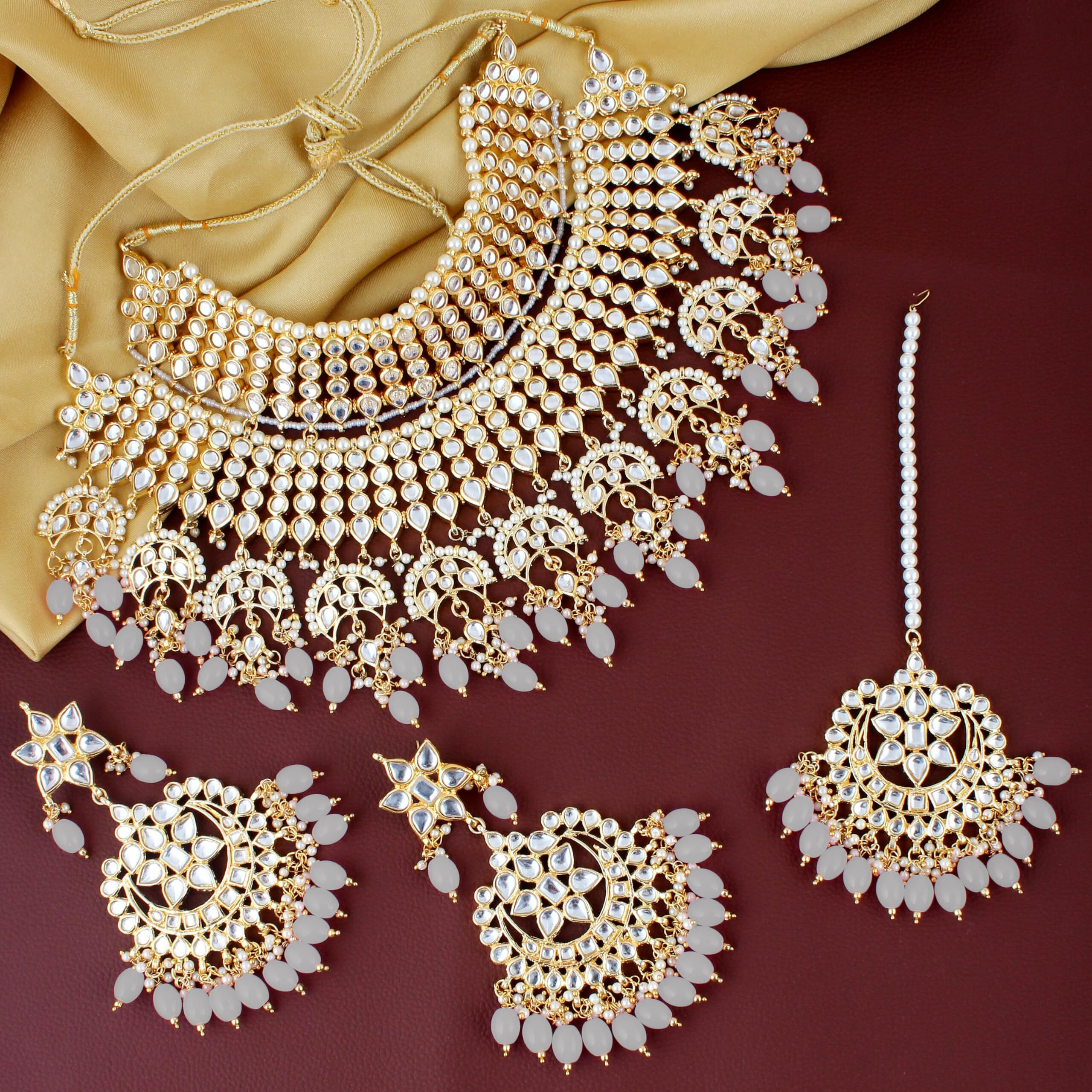 Lucky Jewellery Designer Gold Plating Grey Color Pearl with Kundan Choker Bridal Necklace Set For Girls & Women (4200-QSK-564-GR)