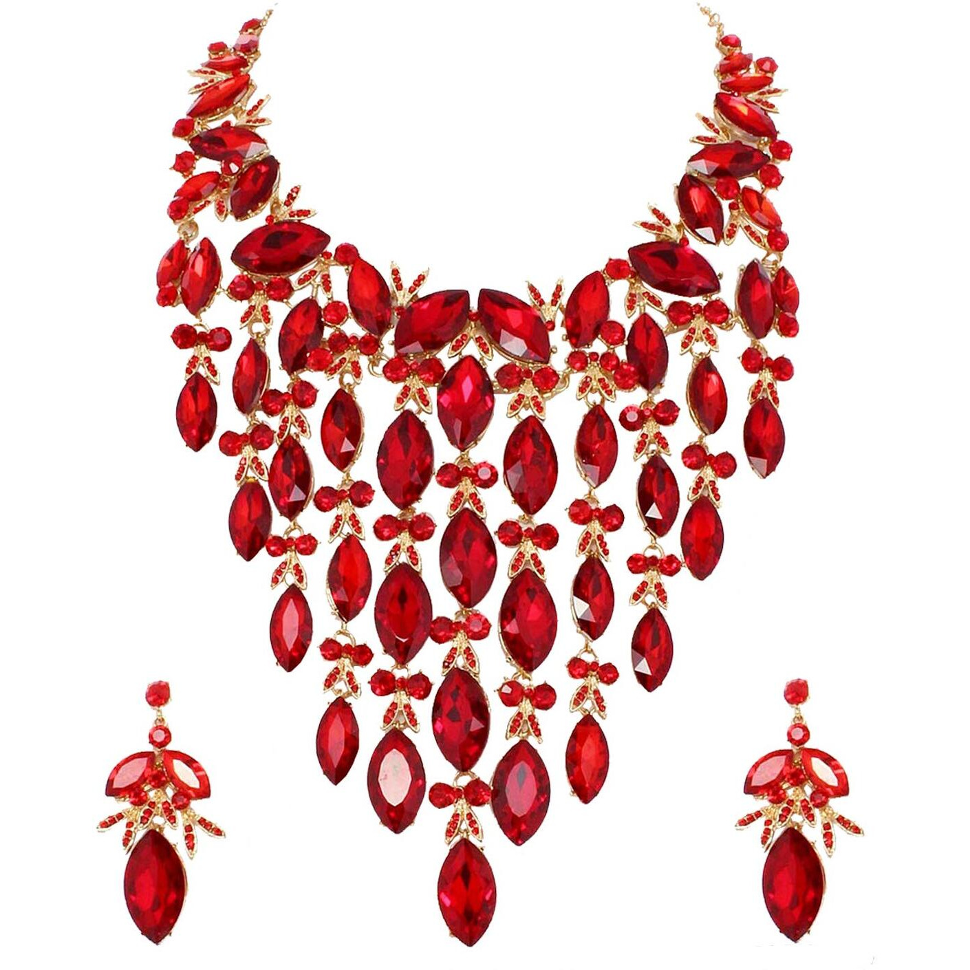Lucky Jewellery Designer Red Color Stone Rhine Stone Gold Plated Long Necklace Set with Earring for Girls & Women