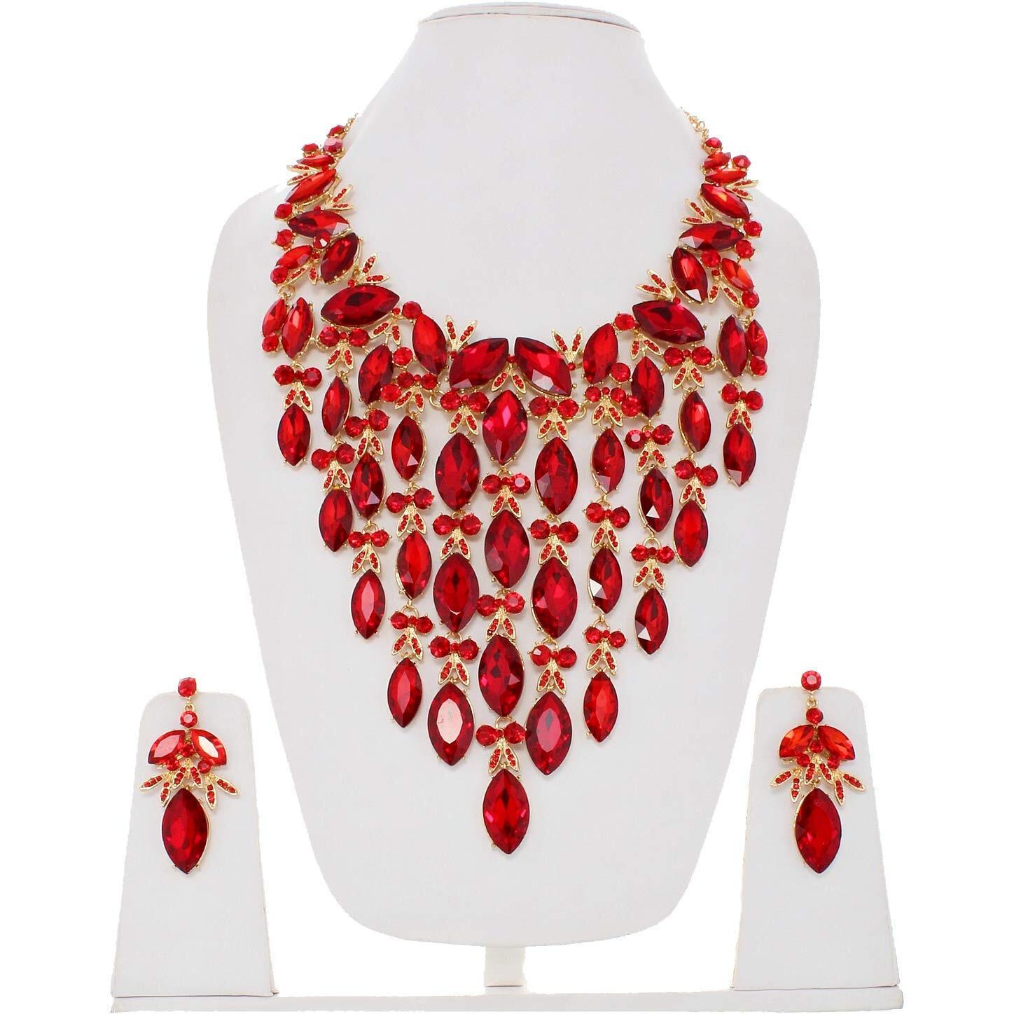 Lucky Jewellery Designer Red Color Stone Rhine Stone Gold Plated Long Necklace Set with Earring for Girls & Women