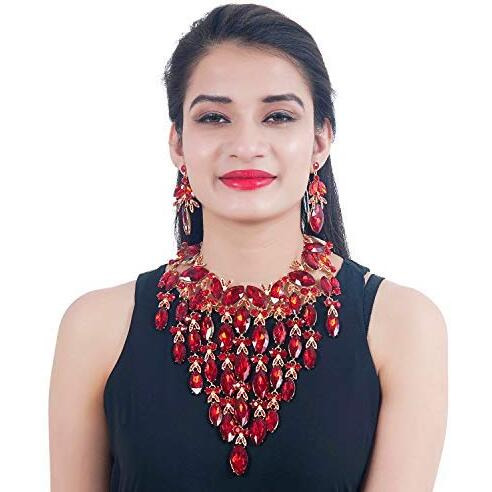 Lucky Jewellery Designer Red Color Stone Rhine Stone Gold Plated Long Necklace Set with Earring for Girls & Women