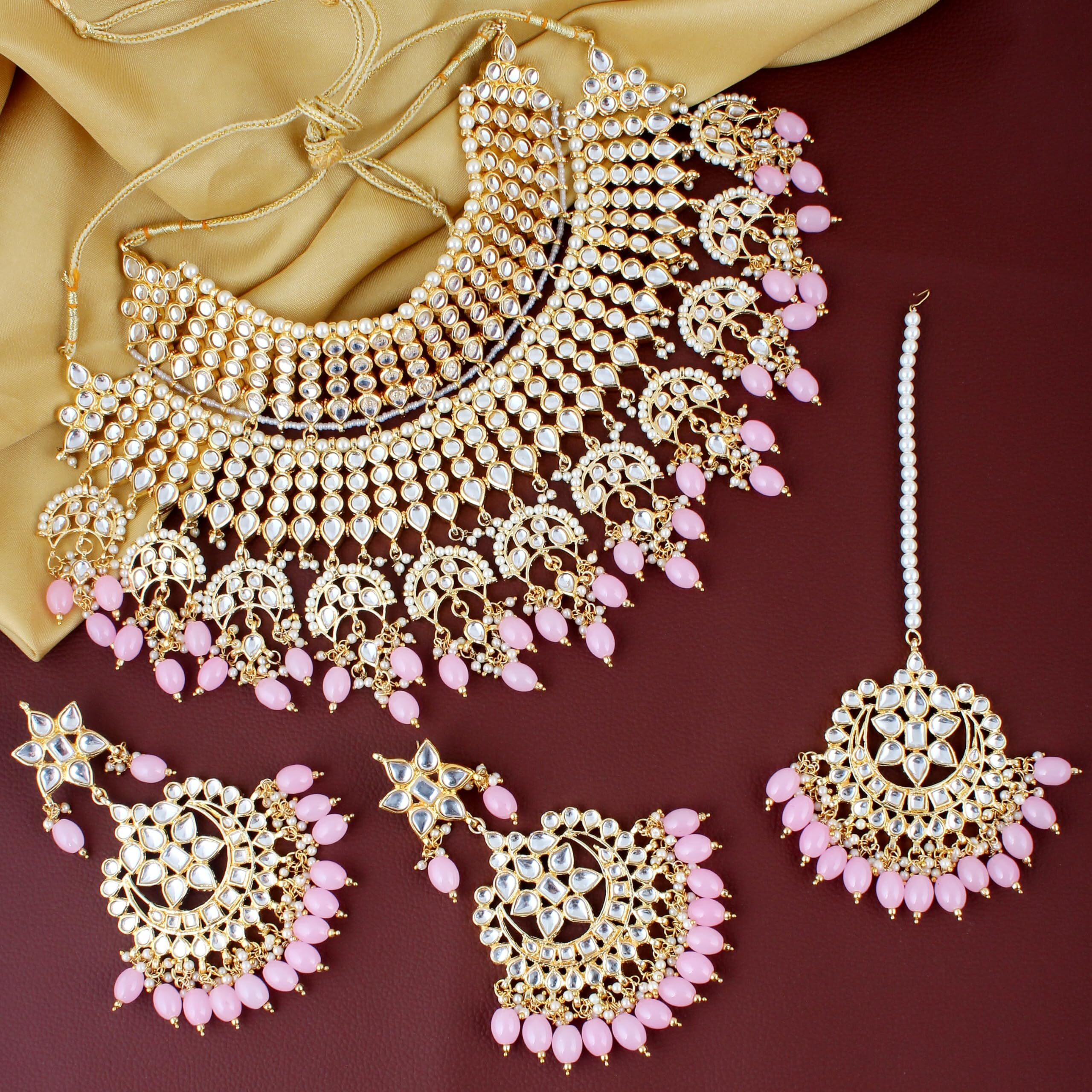 Lucky Jewellery Designer Gold Plating Pink Color Pearl with Kundan Choker Bridal Necklace Set For Girls & Women (4200-QSK-564-PK)