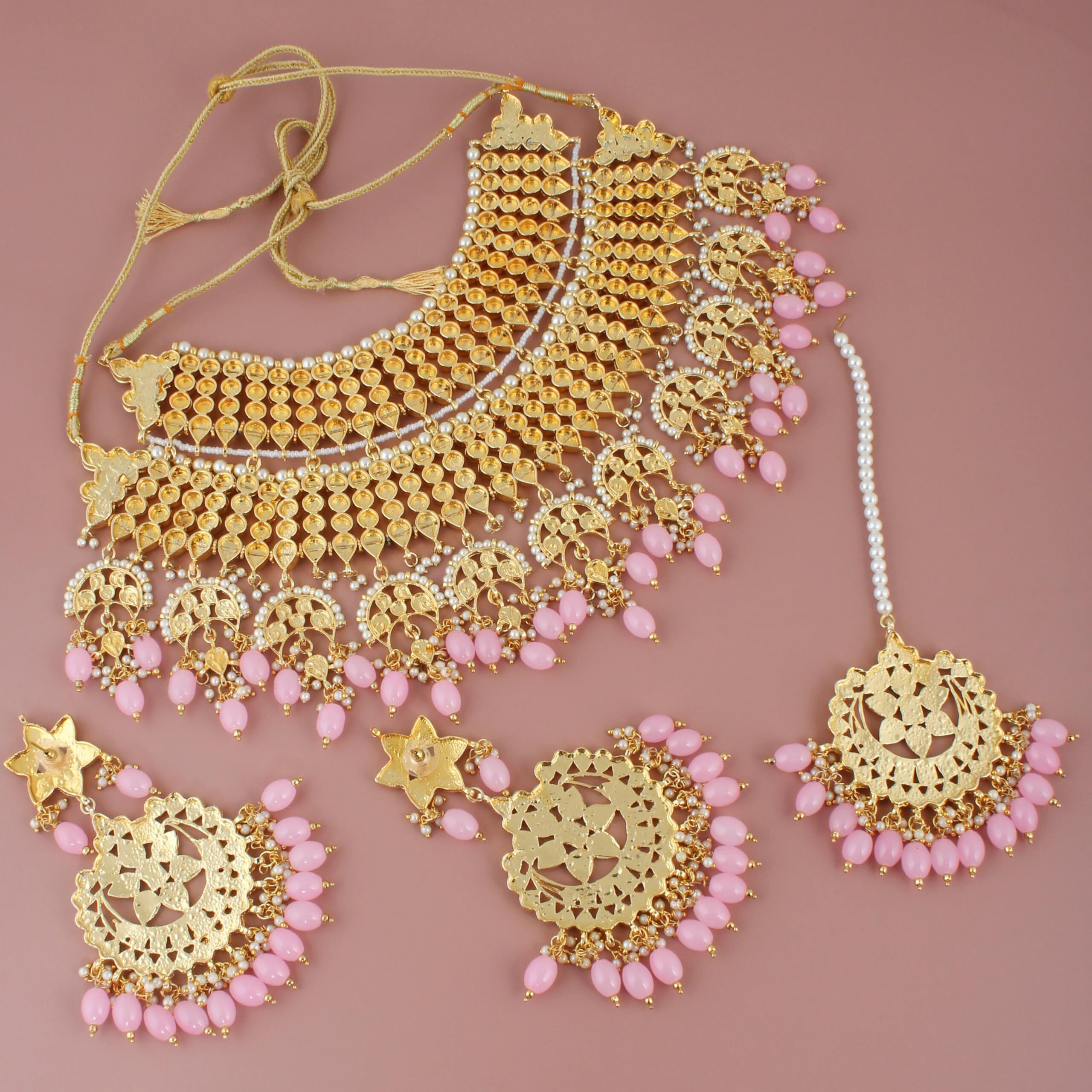 Lucky Jewellery Designer Gold Plating Pink Color Pearl with Kundan Choker Bridal Necklace Set For Girls & Women (4200-QSK-564-PK)