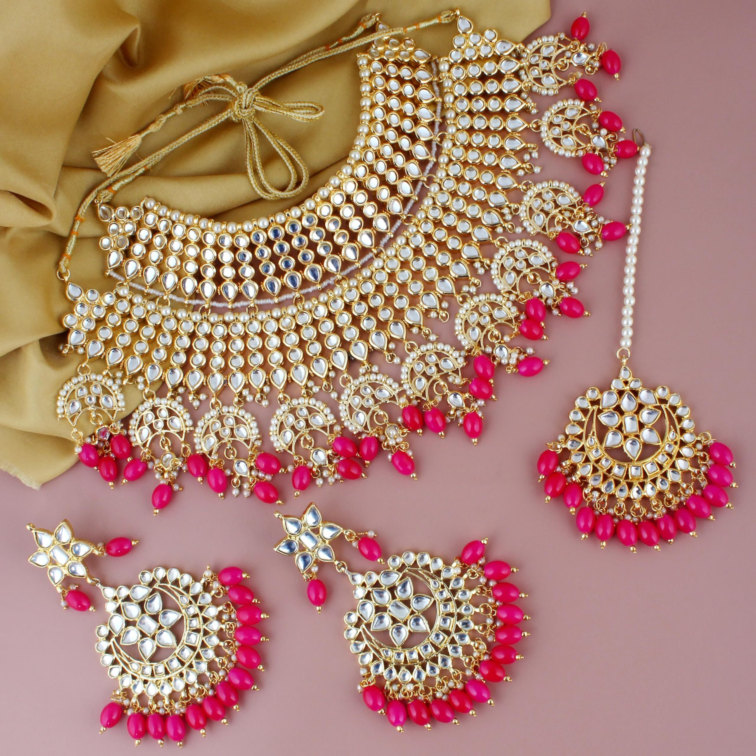 Lucky Jewellery Designer Gold Plating Magenta Color Pearl with Kundan Choker Bridal Necklace Set For Girls & Women (4200-QSK-564-R)