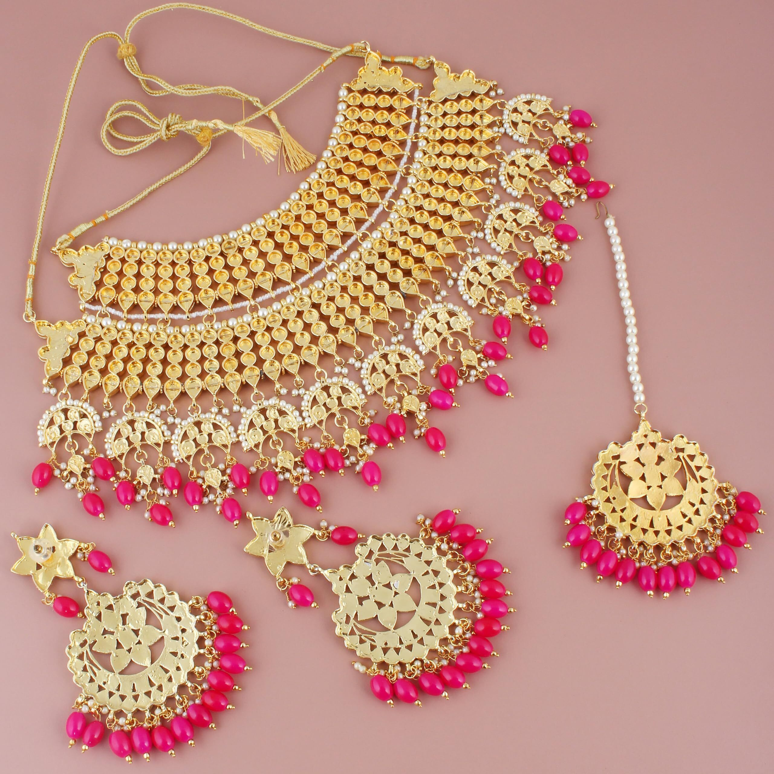 Lucky Jewellery Designer Gold Plating Magenta Color Pearl with Kundan Choker Bridal Necklace Set For Girls & Women (4200-QSK-564-R)