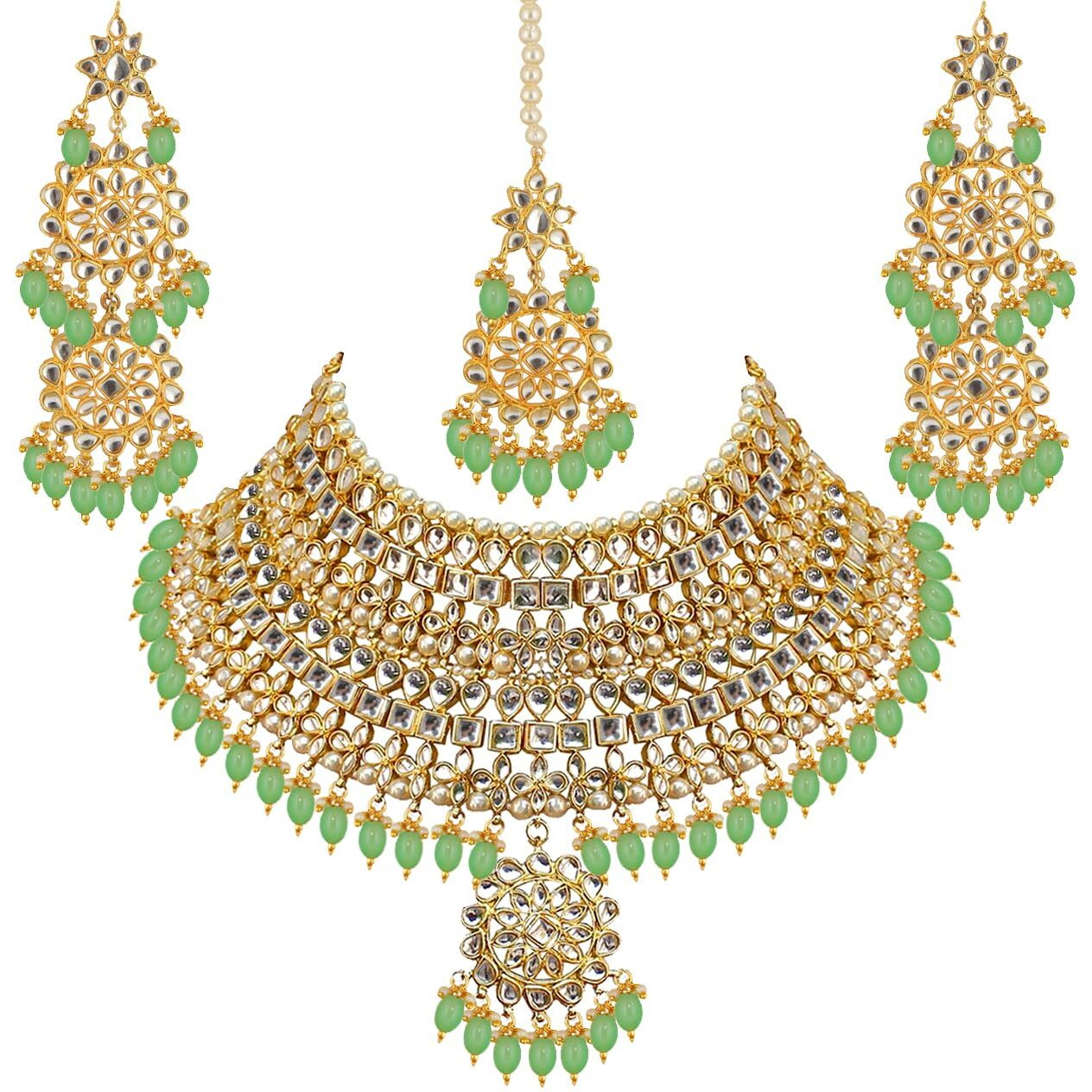 Lucky Jewellery Designer Gold Plating Mint Color Pearl with Kundan Choker Bridal Dulhan Necklace Set For Girls & Women (4200-QSK-580-MNT)