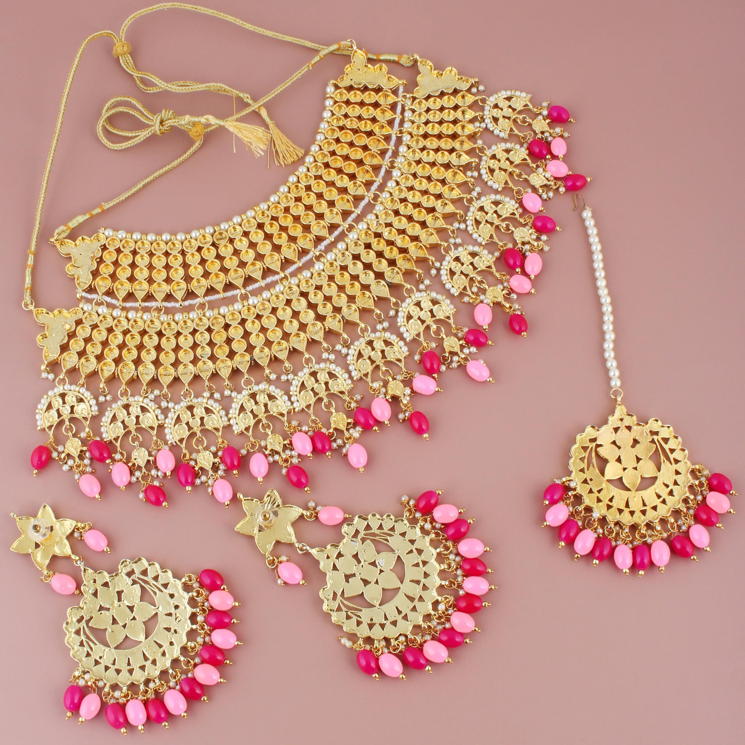 Lucky Jewellery Designer Gold Plating Pink and Magenta Color Pearl with Kundan Choker Bridal Necklace Set For Girls & Women (4200-QSK-564-PKR)