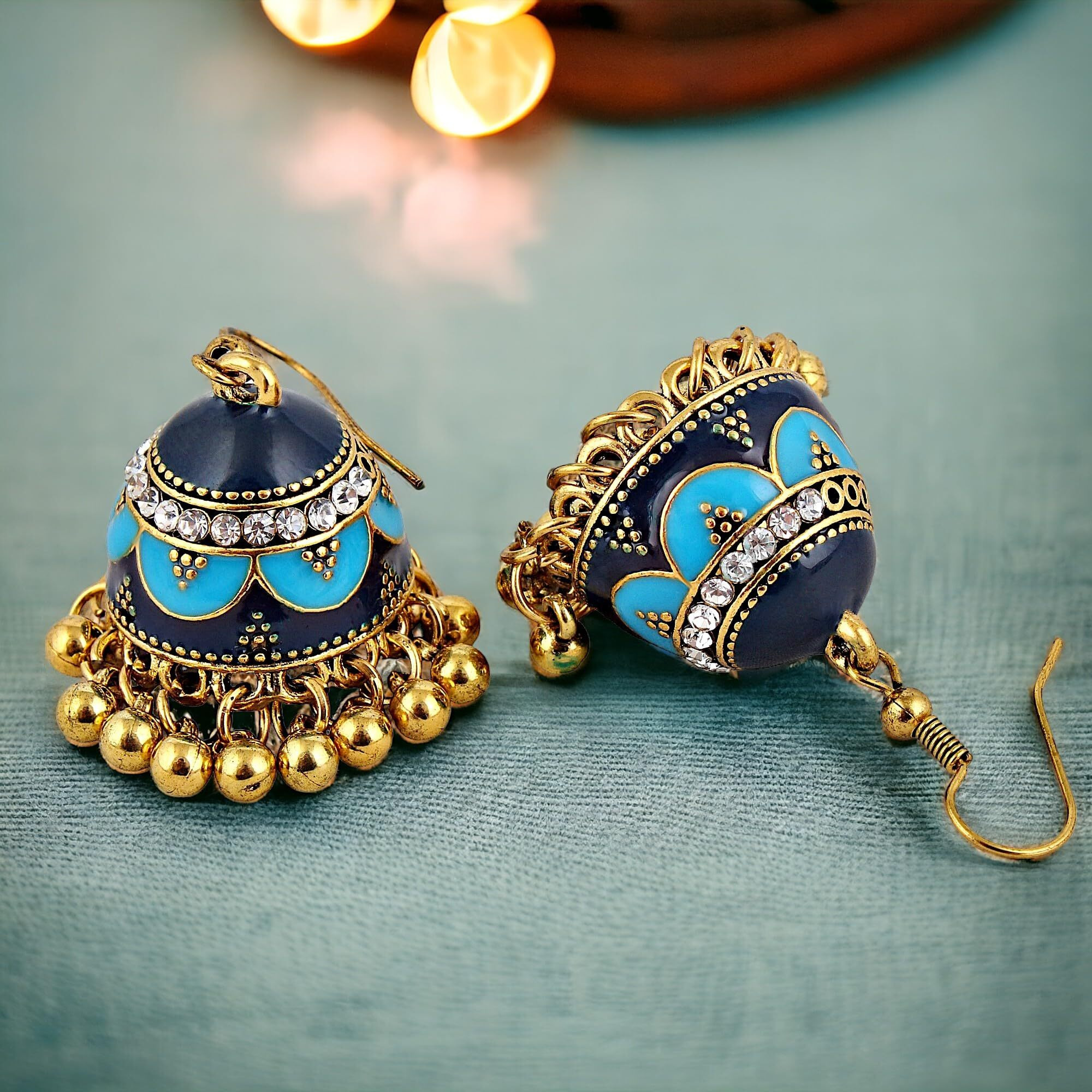 LUCKY JEWELLERY Designer Antique Gold Plated Firoji Blue Color Meenakari Stone Jhumki Earring For Girls & Women (200-CHJM1-1150-FB)