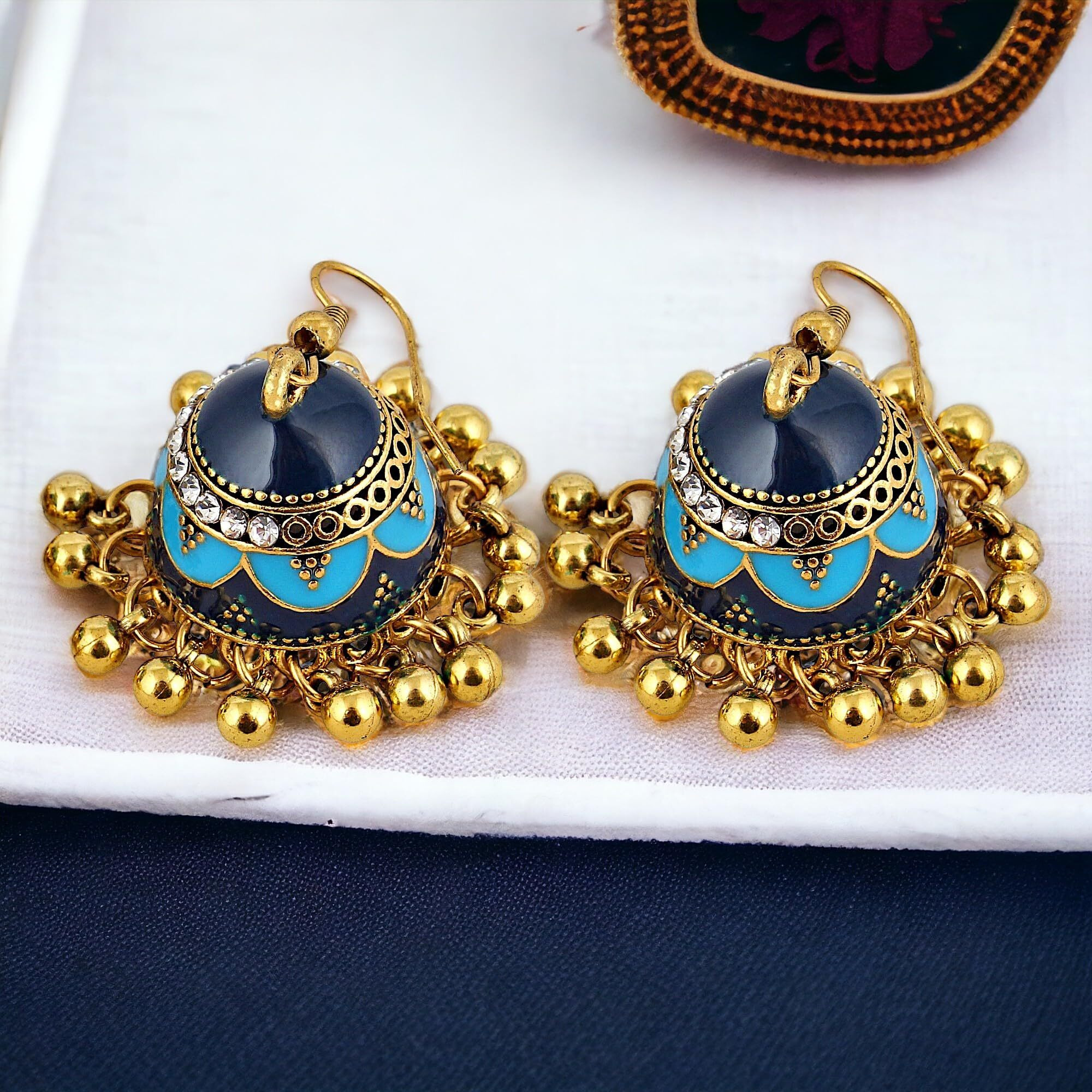 LUCKY JEWELLERY Designer Antique Gold Plated Firoji Blue Color Meenakari Stone Jhumki Earring For Girls & Women (200-CHJM1-1150-FB)