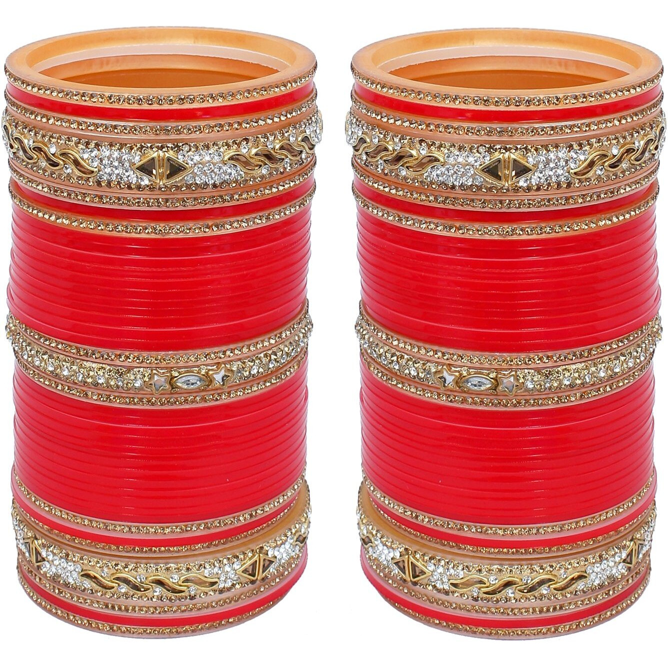 Lucky Jewellery Bridal Bangle Set Red Dulhan Golden & White Stone Chura Designer Fashion Choora Punjabi Wedding Chuda For Women (1502-M1C1-SHAKTI-R24)
