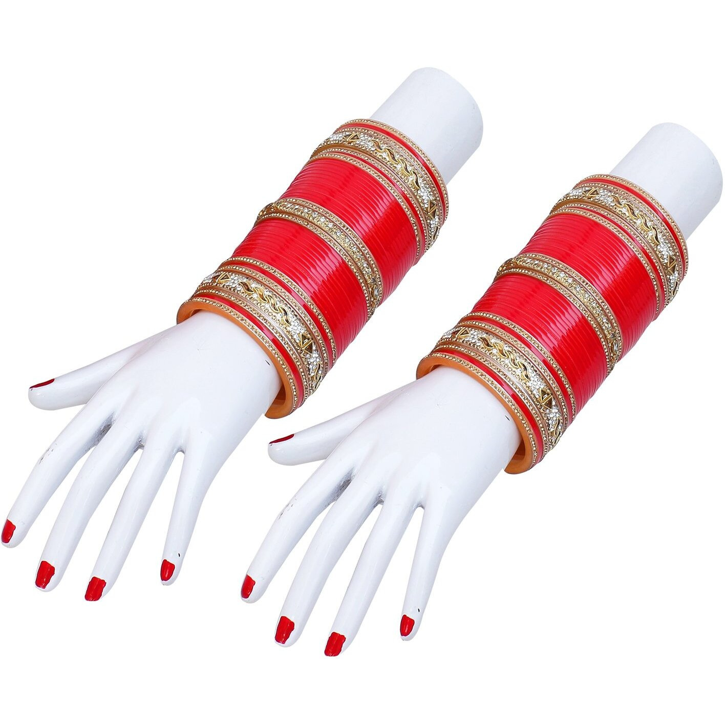 Lucky Jewellery Bridal Bangle Set Red Dulhan Golden & White Stone Chura Designer Fashion Choora Punjabi Wedding Chuda For Women (1502-M1C1-SHAKTI-R24)