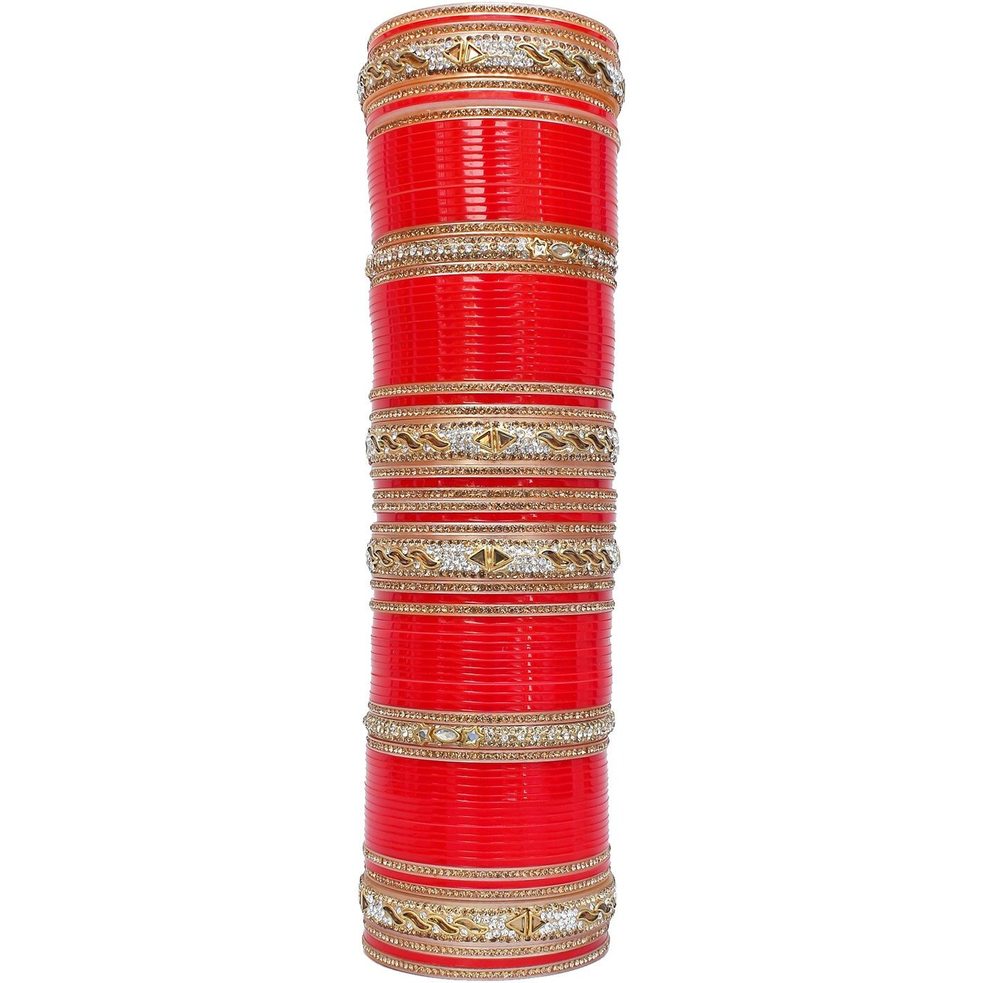 Lucky Jewellery Bridal Bangle Set Red Dulhan Golden & White Stone Chura Designer Fashion Choora Punjabi Wedding Chuda For Women (1502-M1C1-SHAKTI-R24)