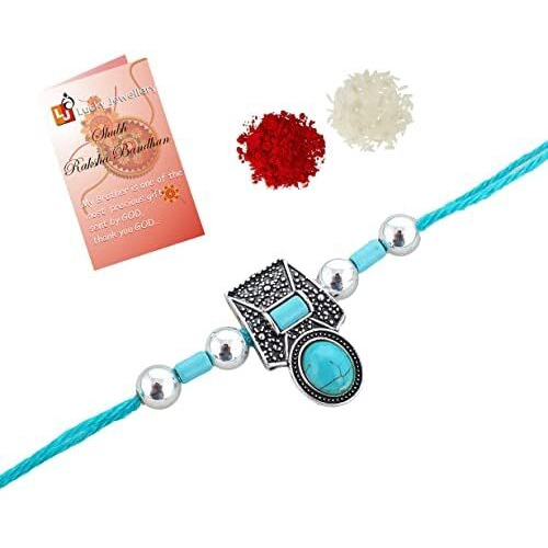 Lucky Jewellery Silver Oxidised Turquoise Blue99.99 Silver Pure Chandi Two Thousand Rupee Note Rakhi Boho Collection Rakshabandan Rakhee Bracelet for Bro/Brother/Bhaiya/Bhai/Bhabhi Rakshasutra (395-CHEOR1-LJ696-F-S-2N)