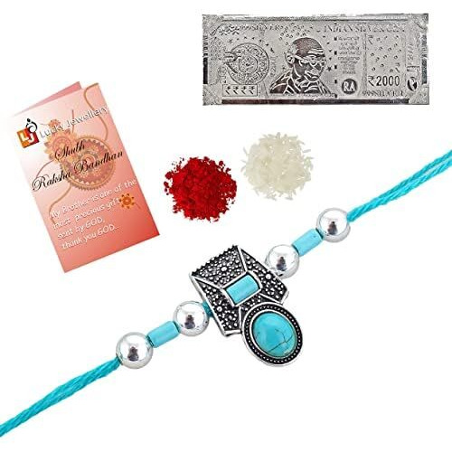 Lucky Jewellery Silver Oxidised Turquoise Blue99.99 Silver Pure Chandi Two Thousand Rupee Note Rakhi Boho Collection Rakshabandan Rakhee Bracelet for Bro/Brother/Bhaiya/Bhai/Bhabhi Rakshasutra (395-CHEOR1-LJ696-F-S-2N)