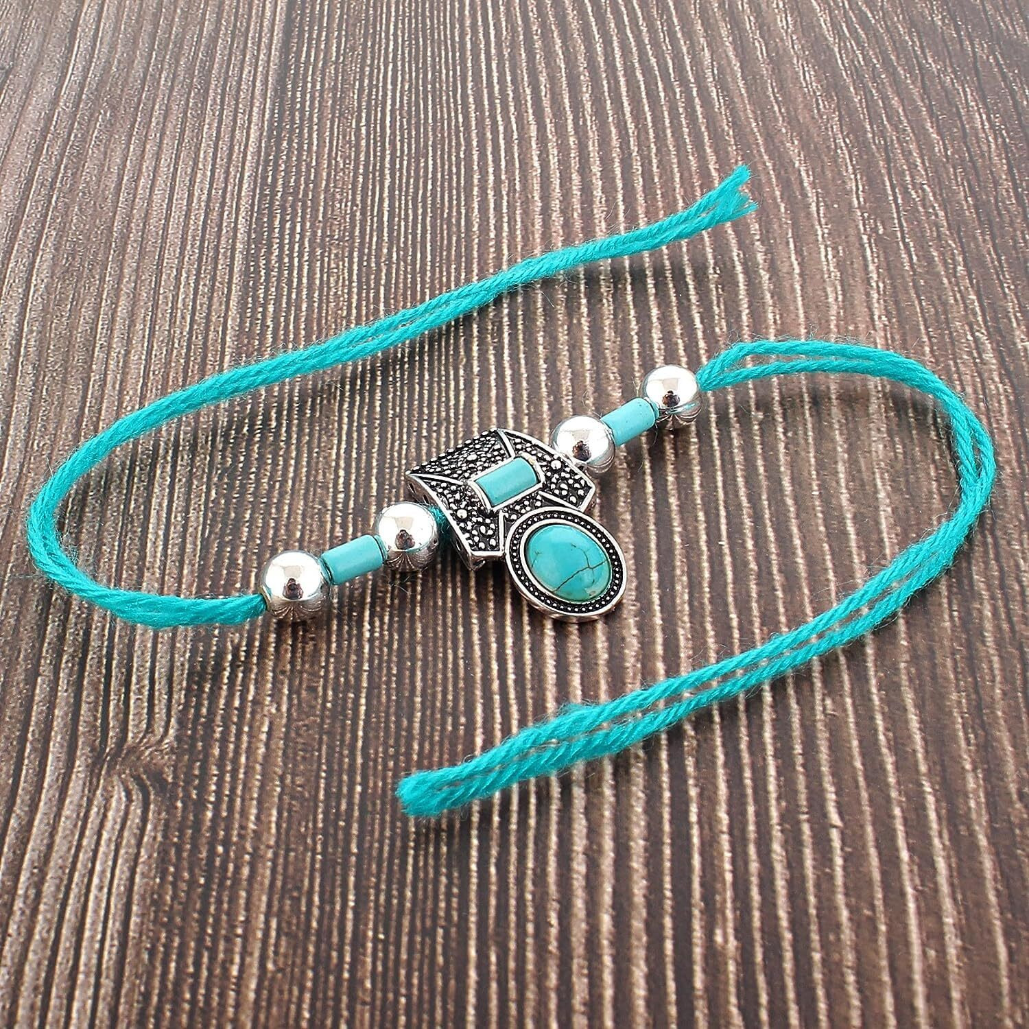Lucky Jewellery Silver Oxidised Turquoise Blue99.99 Silver Pure Chandi Two Thousand Rupee Note Rakhi Boho Collection Rakshabandan Rakhee Bracelet for Bro/Brother/Bhaiya/Bhai/Bhabhi Rakshasutra (395-CHEOR1-LJ696-F-S-2N)