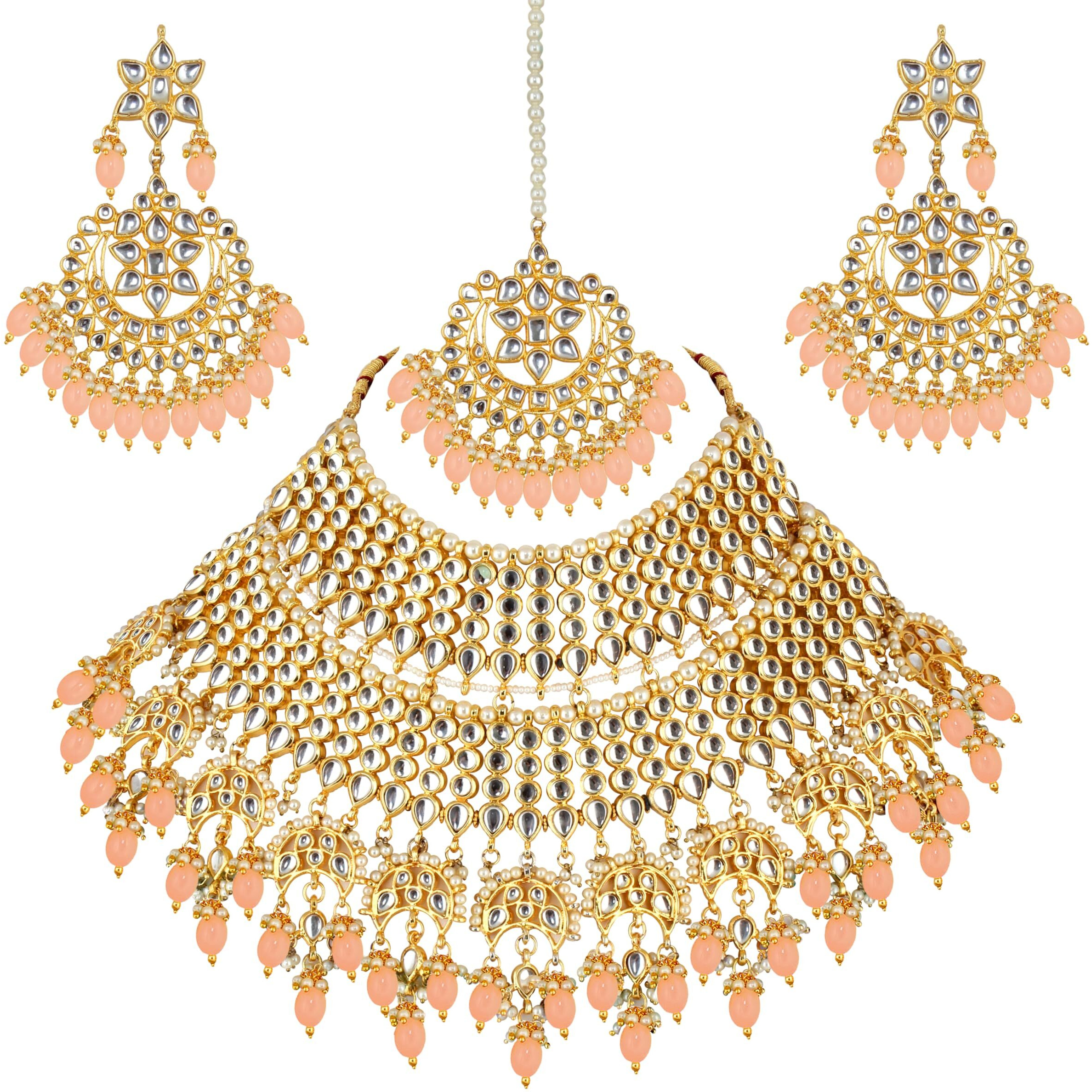 Lucky Jewellery Designer Gold Plating Light Peach Color Pearl with Kundan Choker Bridal Necklace Set For Girls & Women (4200-QSK-564-LPH)
