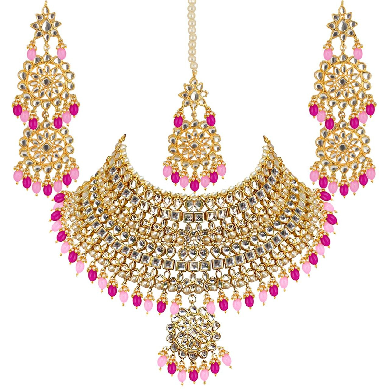 Lucky Jewellery Designer Gold Plating Pink and Magenta Color Pearl with Kundan Choker Bridal Dulhan Necklace Set For Girls & Women (4200-QSK-580-PKR)