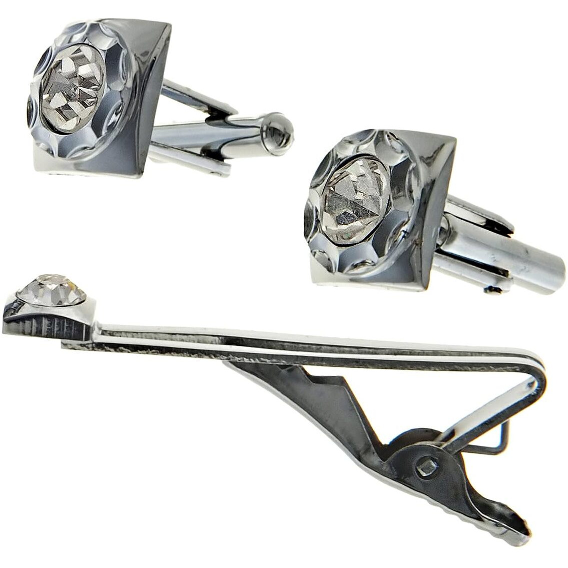 Lucky Jewellery Unique Men Jewelry Color Stone Silver Plated Sleeve Button Formal Cuff Button Wedding Shirt Button, Suit, Blazer Cufflink with Matching Tie Pin Gift Set For Men (261-M4C5-DCTM42SQ-W-S)