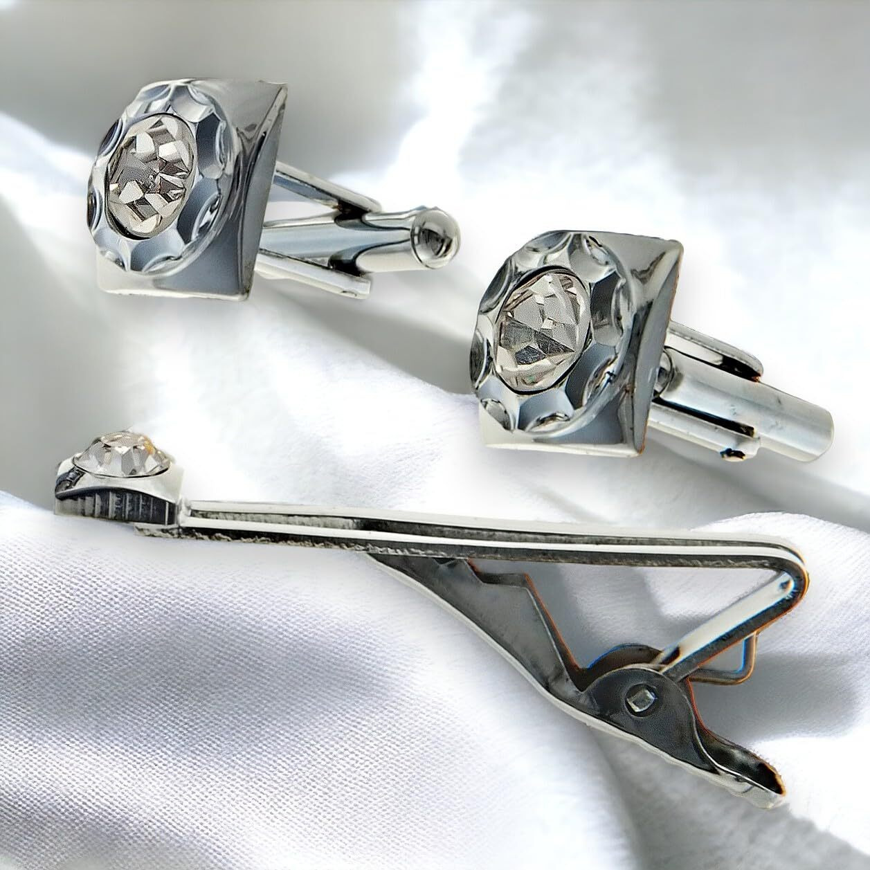 Lucky Jewellery Unique Men Jewelry Color Stone Silver Plated Sleeve Button Formal Cuff Button Wedding Shirt Button, Suit, Blazer Cufflink with Matching Tie Pin Gift Set For Men (261-M4C5-DCTM42SQ-W-S)