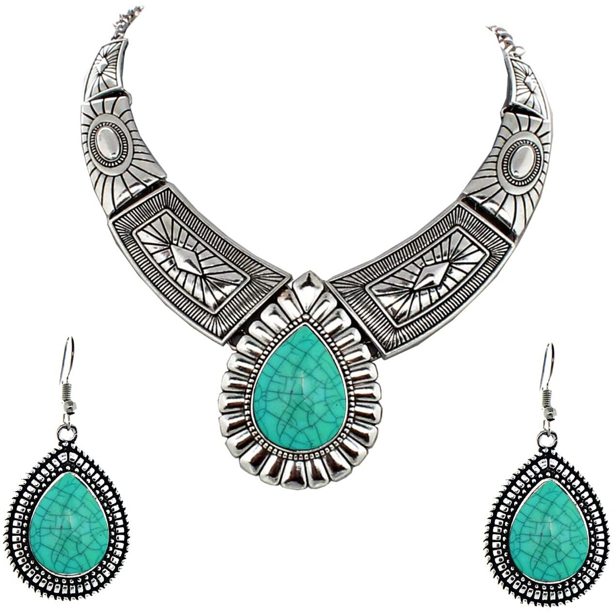 Lucky Jewellery Fancy Black Metal Silver Oxidised Feroji Color Necklace Set with Earrings Tikka for Girls & Women (410-CHSO-LJ693-F-S)