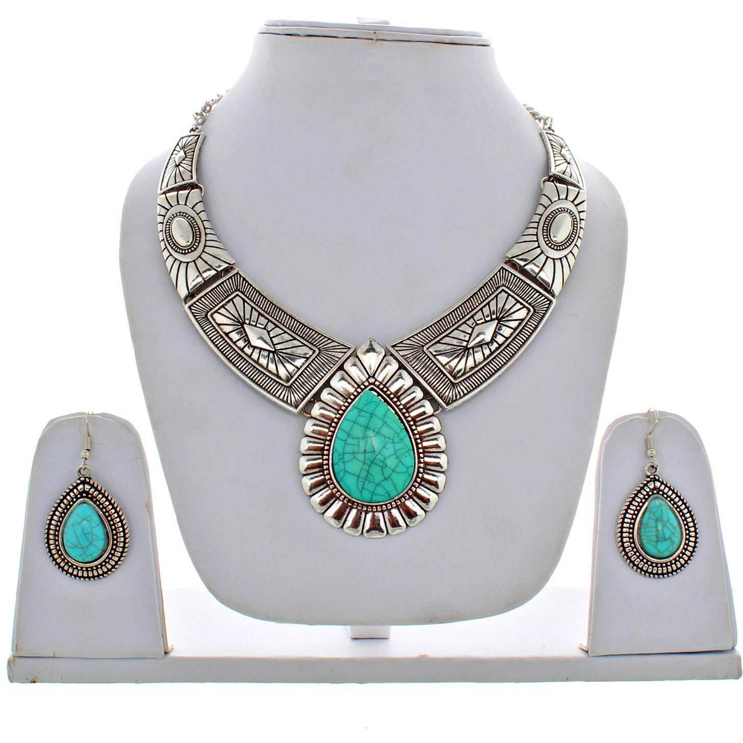 Lucky Jewellery Fancy Black Metal Silver Oxidised Feroji Color Necklace Set with Earrings Tikka for Girls & Women (410-CHSO-LJ693-F-S)