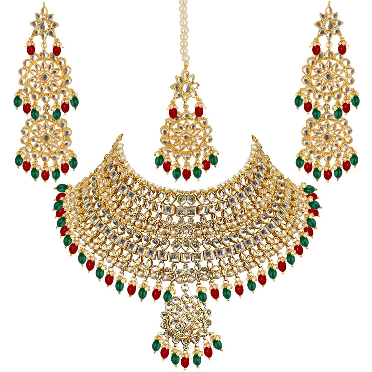 Lucky Jewellery Designer Gold Plating Maroon and Green Color Pearl with Kundan Choker Bridal Dulhan Necklace Set For Girls & Women (4200-QSK-580-MG)